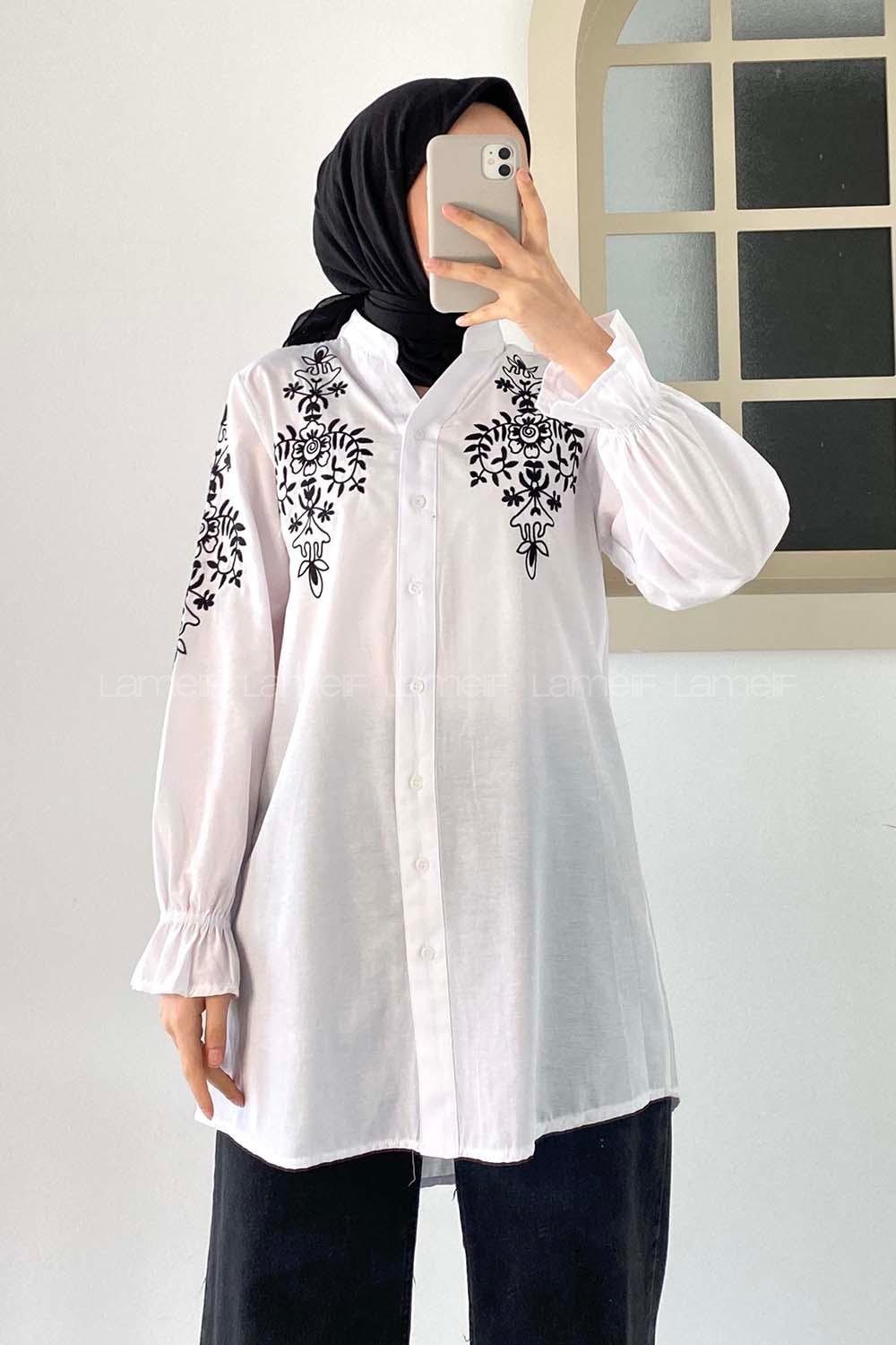 Modalamelif Kol Lastikli Nakış İşlemeli Tunik Beyaz