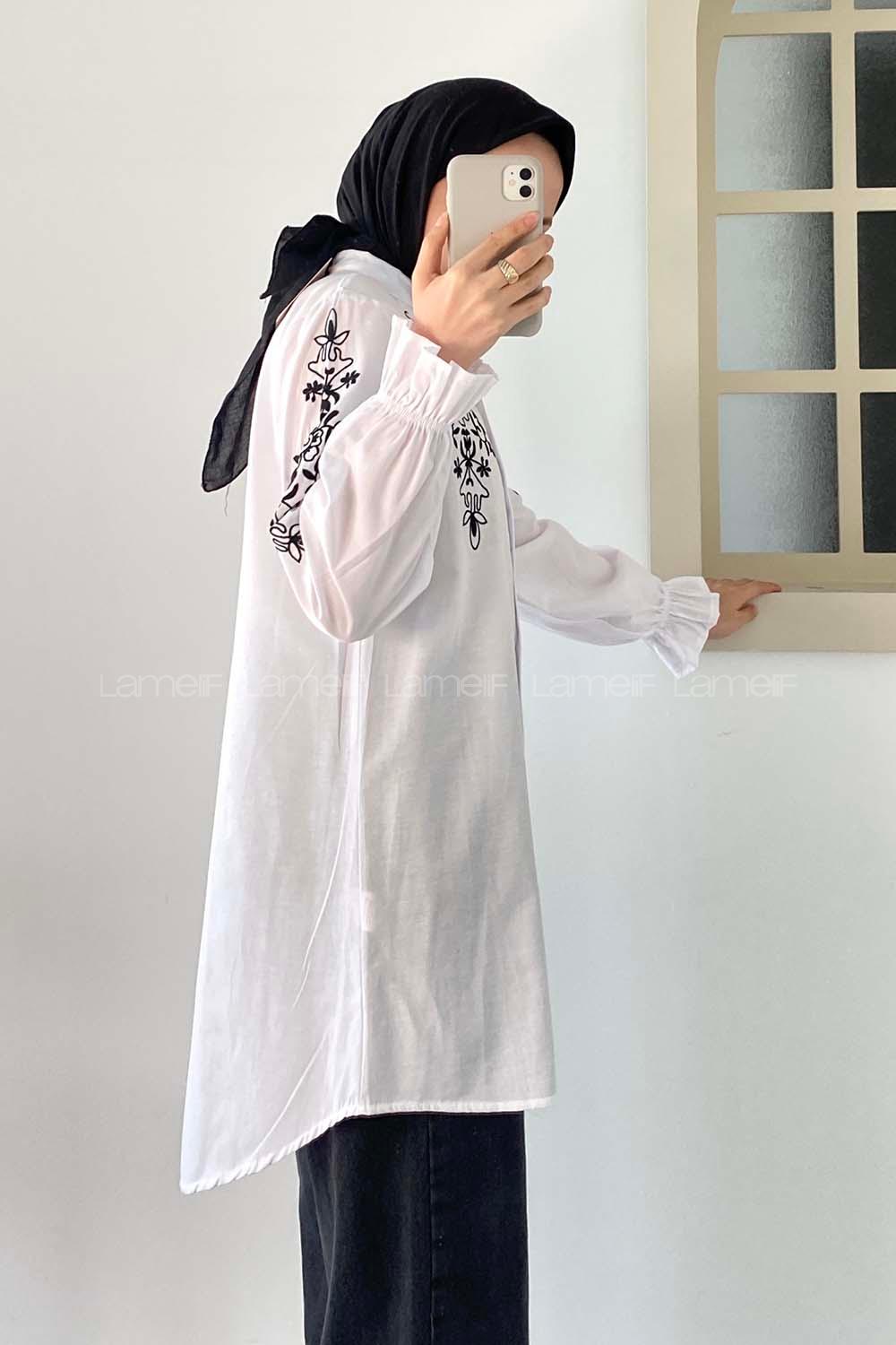 Modalamelif Kol Lastikli Nakış İşlemeli Tunik Beyaz