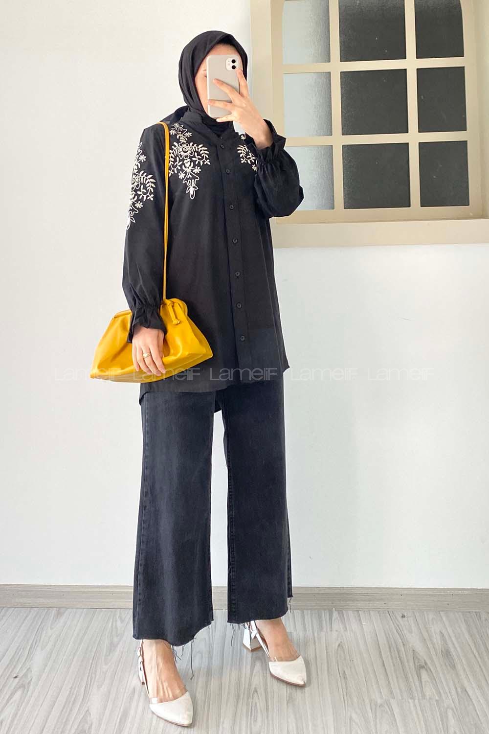 Modalamelif Kol Lastikli Nakış İşlemeli Tunik Siyah