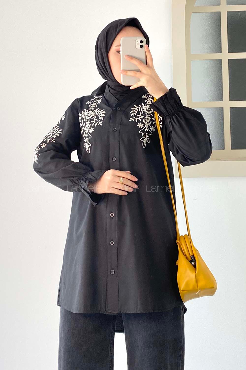 Modalamelif Kol Lastikli Nakış İşlemeli Tunik Siyah