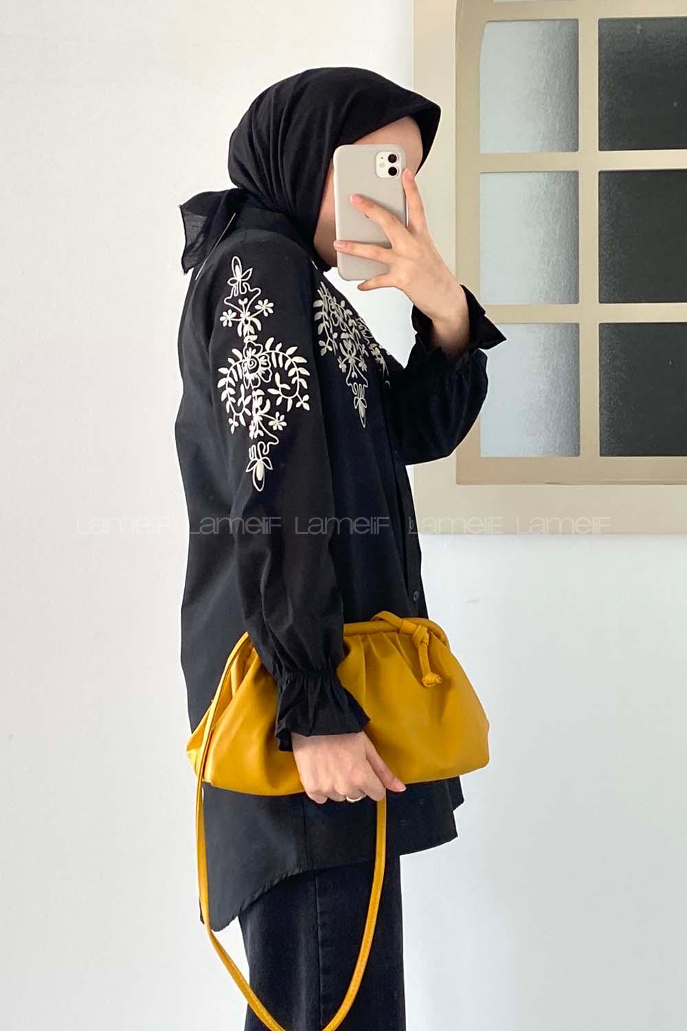 Modalamelif Kol Lastikli Nakış İşlemeli Tunik Siyah