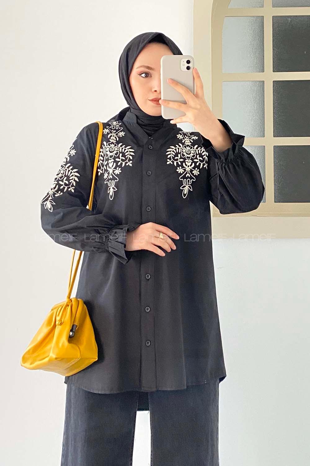 Modalamelif Kol Lastikli Nakış İşlemeli Tunik Siyah