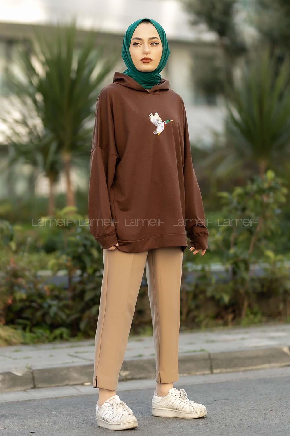 dek Nakışlı Kapüşonlu Sweat Acıkahve