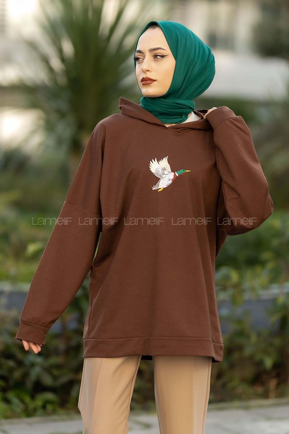 dek Nakışlı Kapüşonlu Sweat Acıkahve