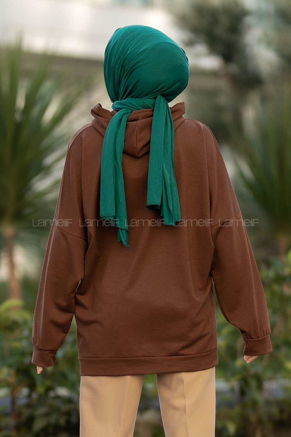 dek Nakışlı Kapüşonlu Sweat Acıkahve