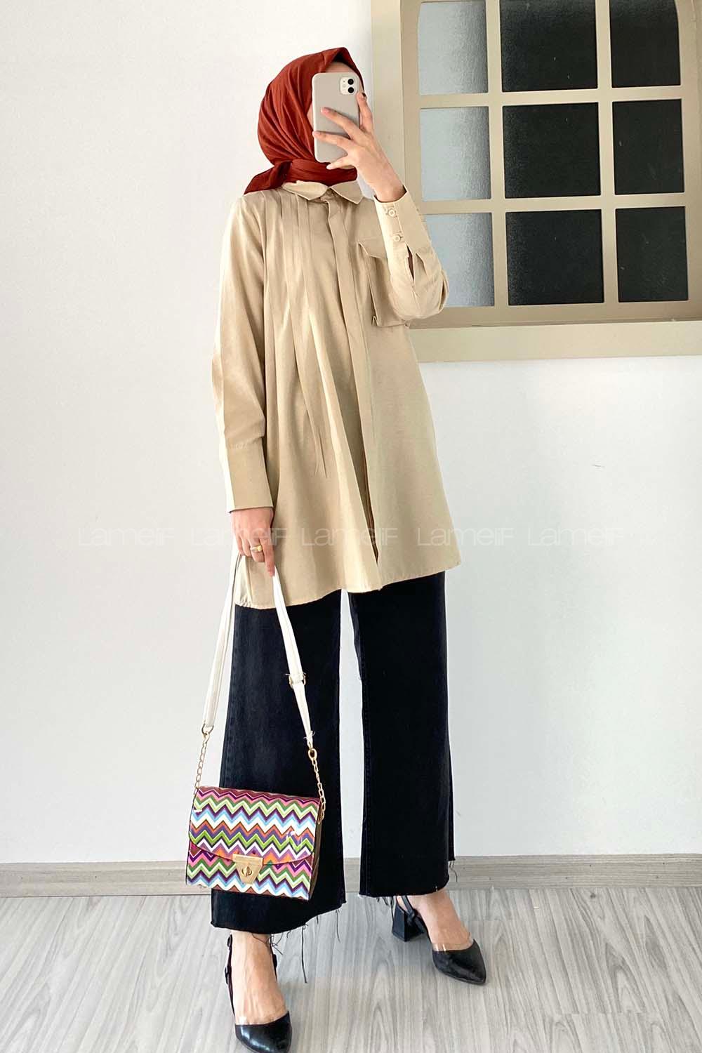 Modalamelif Tek Cepli Pile Detaylı Tunik Bej