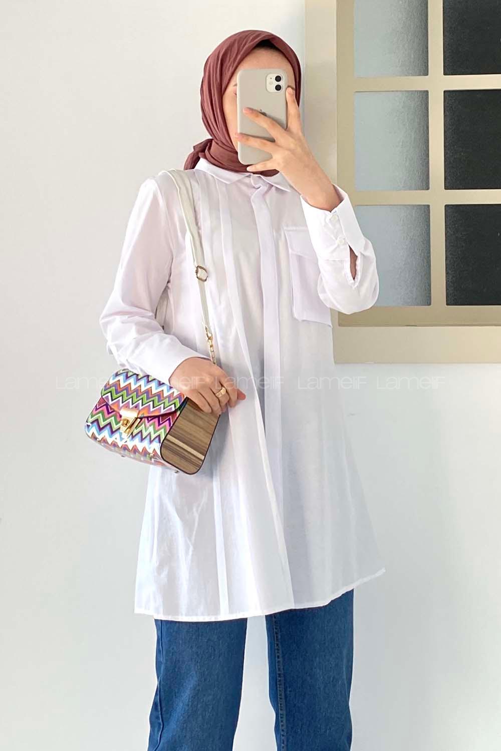 Modalamelif Tek Cepli Pile Detaylı Tunik Beyaz