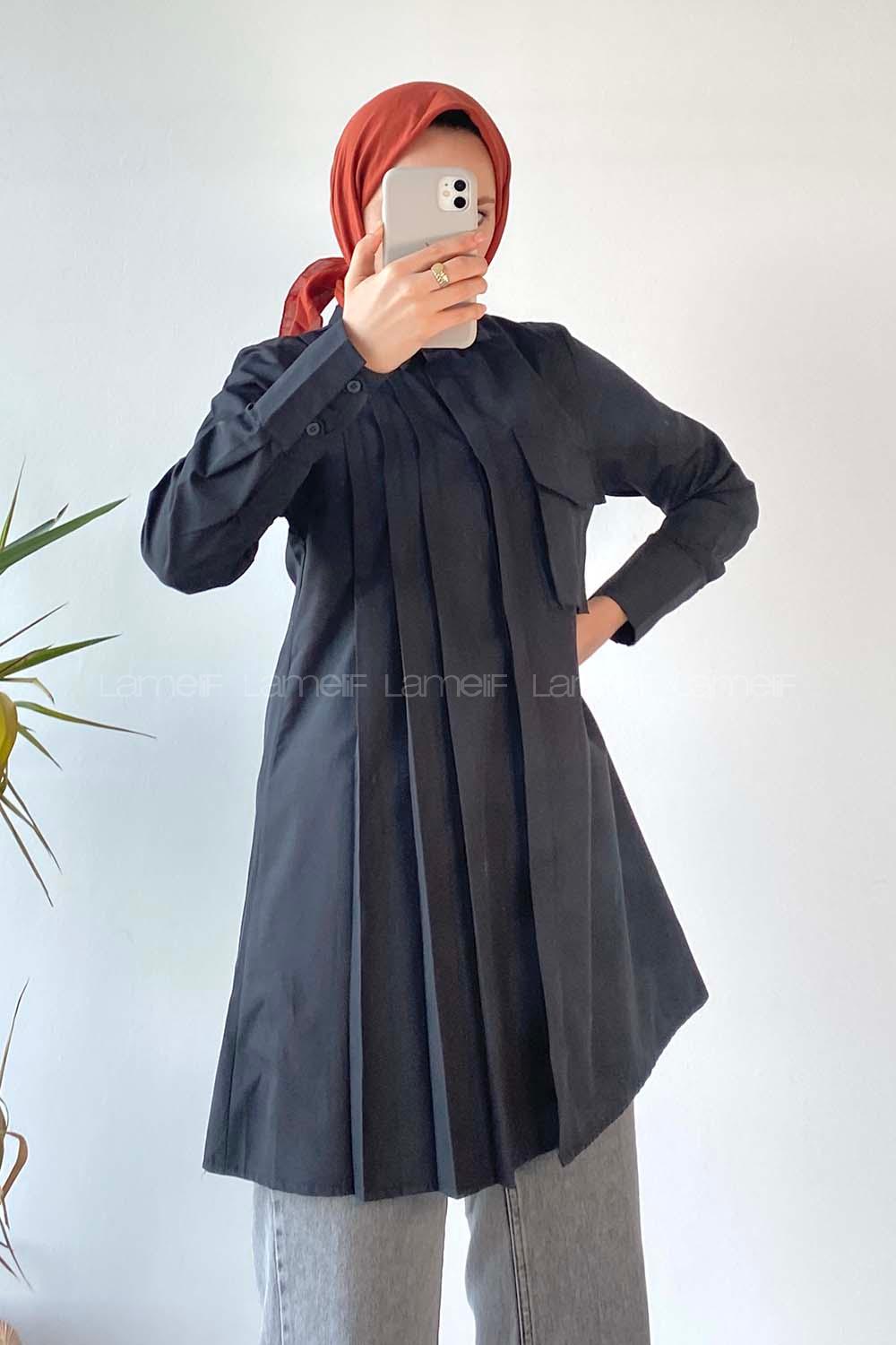 Modalamelif Tek Cepli Pile Detaylı Tunik Siyah