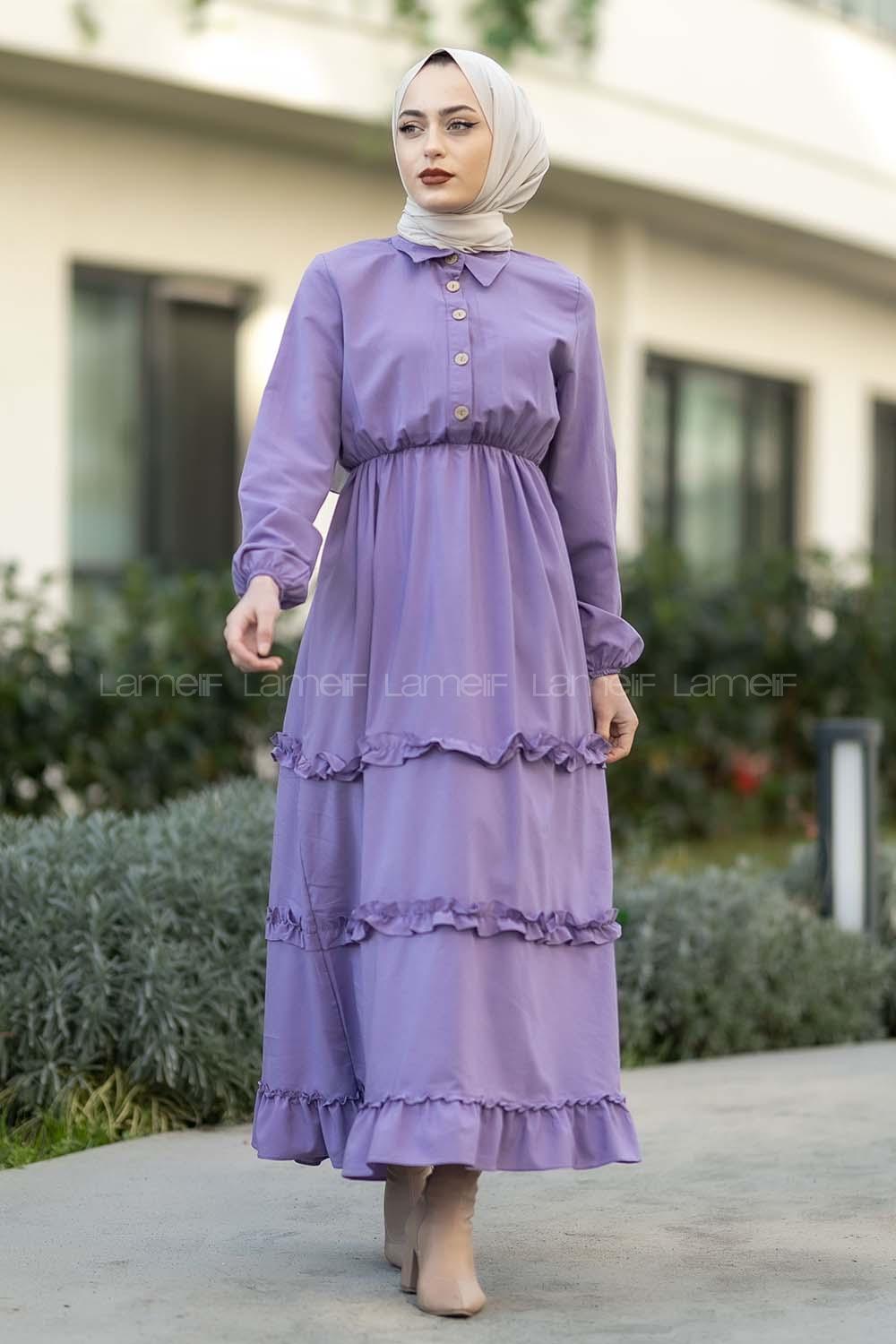 Modalamelif Terikoton Fırfırlı Yarım Düğmeli Elbise Lila