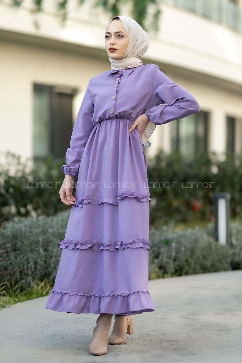 Modalamelif Terikoton Fırfırlı Yarım Düğmeli Elbise Lila