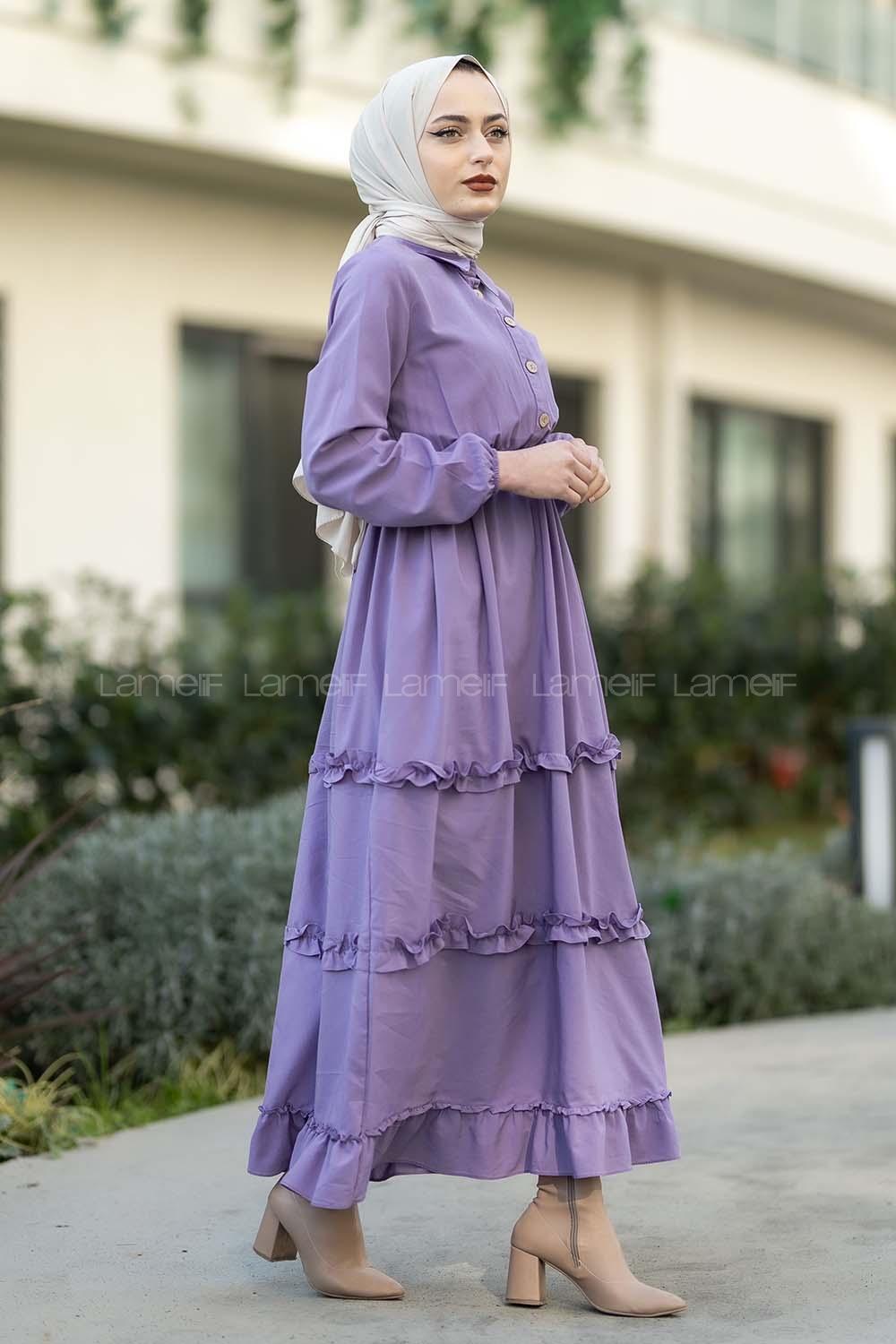 Modalamelif Terikoton Fırfırlı Yarım Düğmeli Elbise Lila