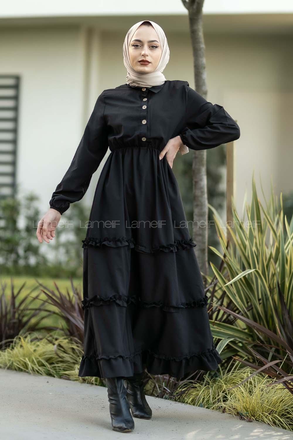 Modalamelif Terikoton Fırfırlı Yarım Düğmeli Elbise Siyah