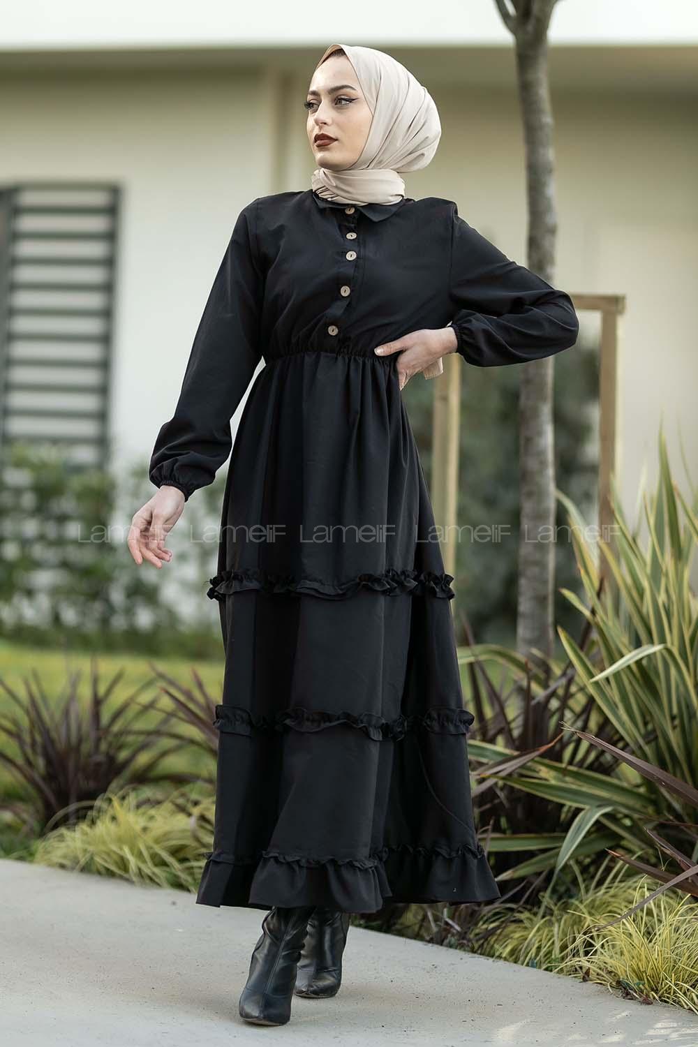 Modalamelif Terikoton Fırfırlı Yarım Düğmeli Elbise Siyah