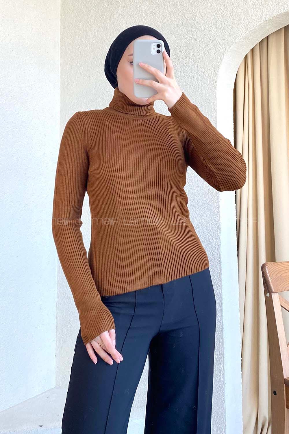 Modalamelif Balıkçı Yaka Fitilli Kazak Acıkahve