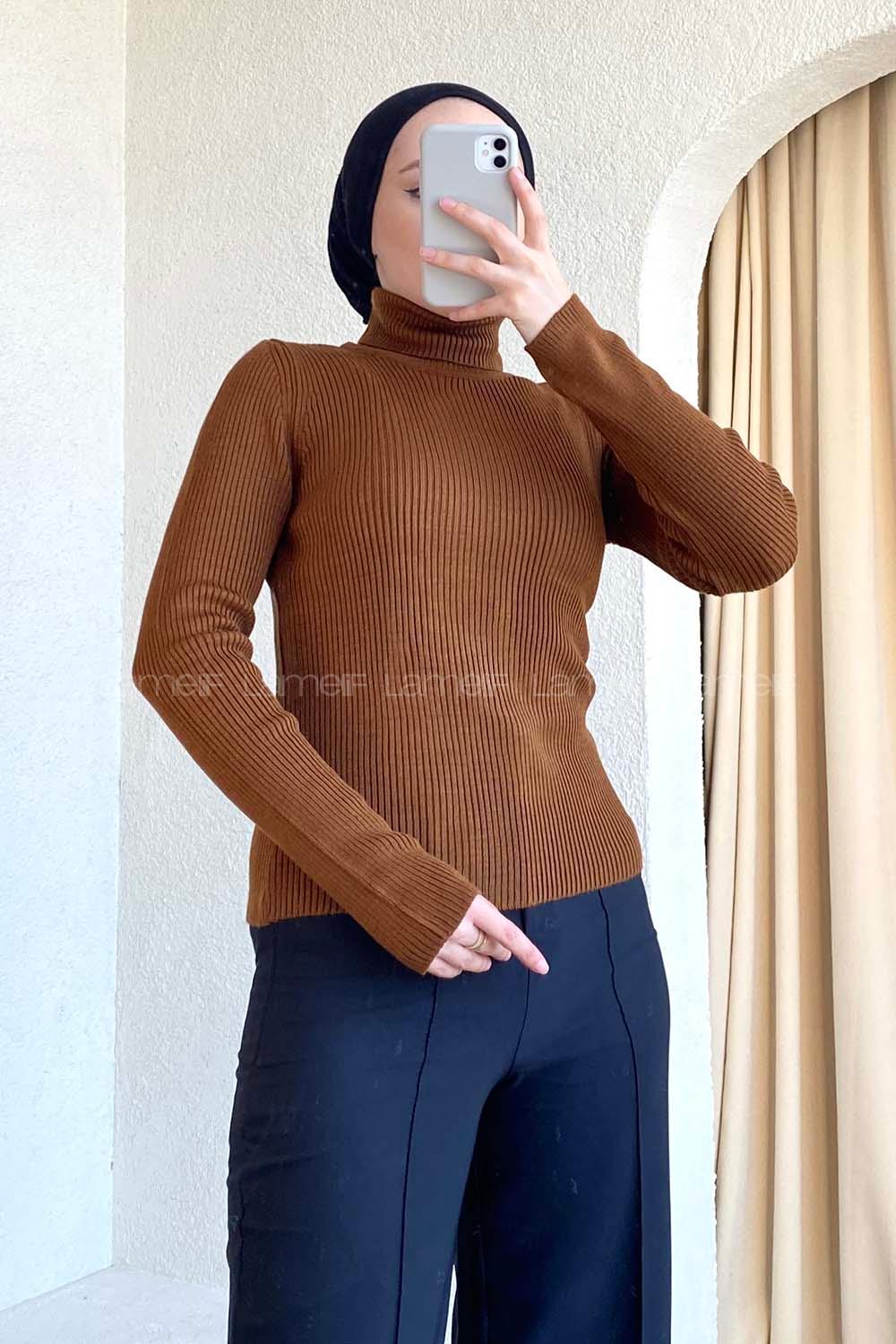 Modalamelif Balıkçı Yaka Fitilli Kazak Acıkahve