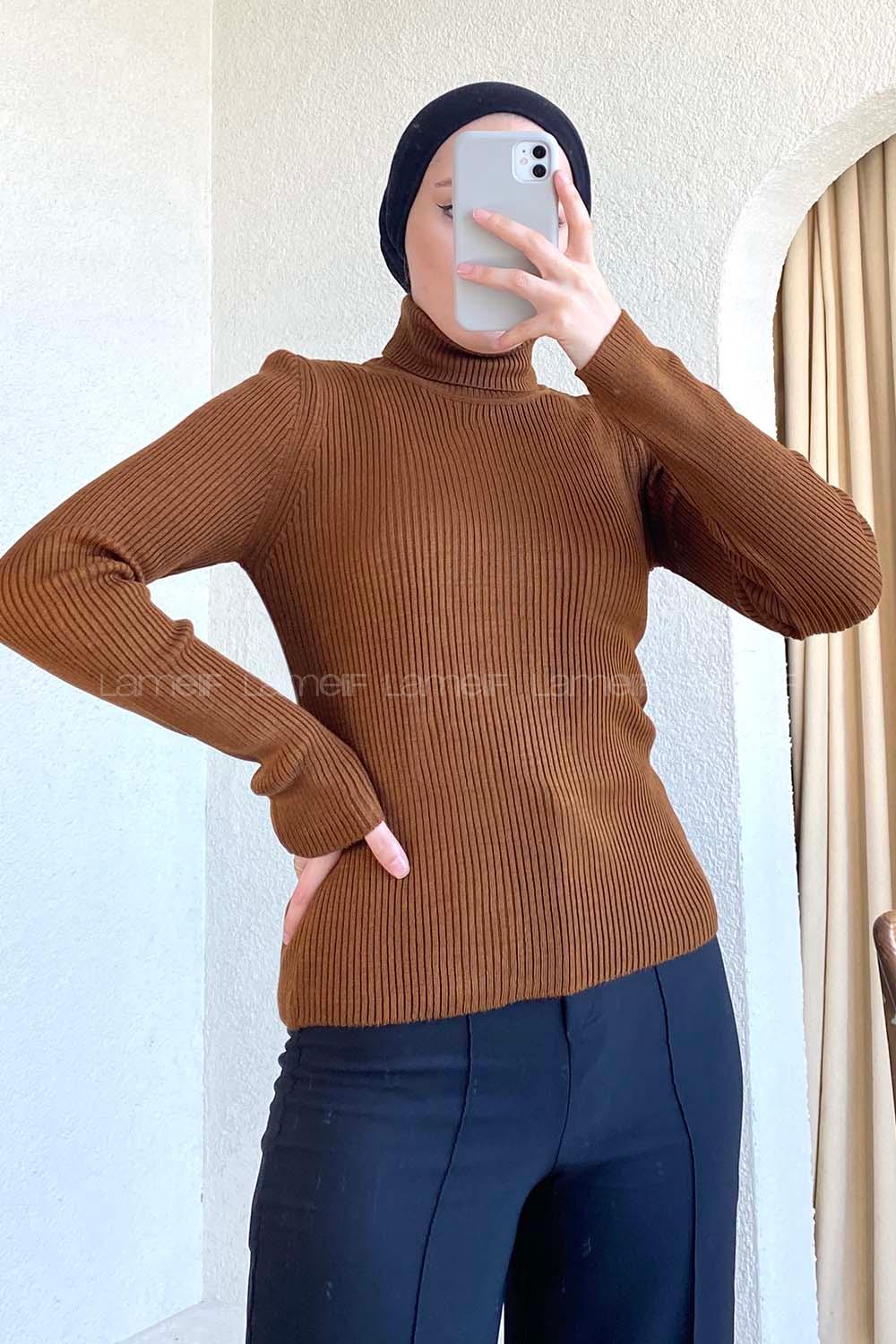 Modalamelif Balıkçı Yaka Fitilli Kazak Acıkahve