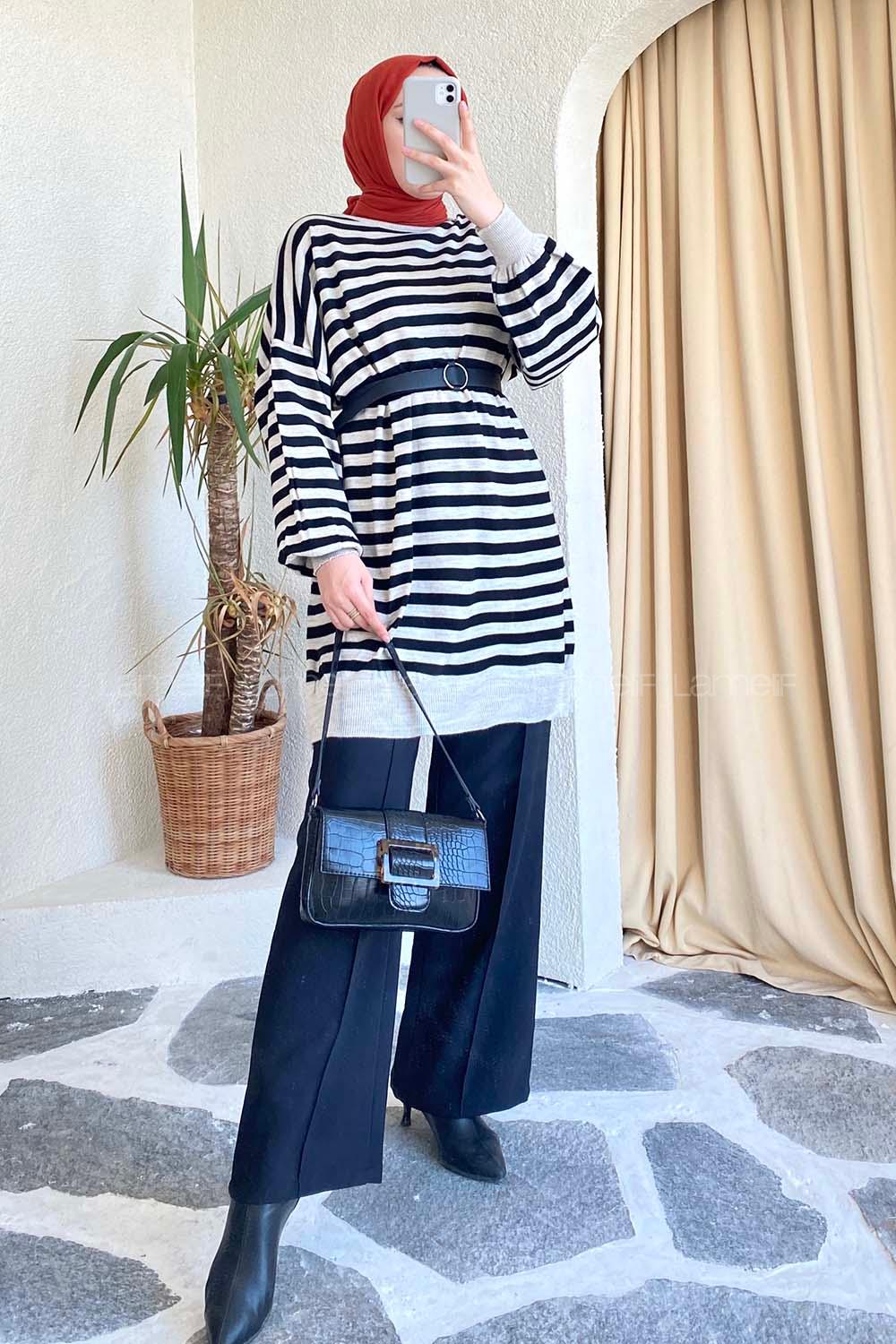 Modalamelif Çizgi Şeritli Salaş Triko Tunik Kum Beji