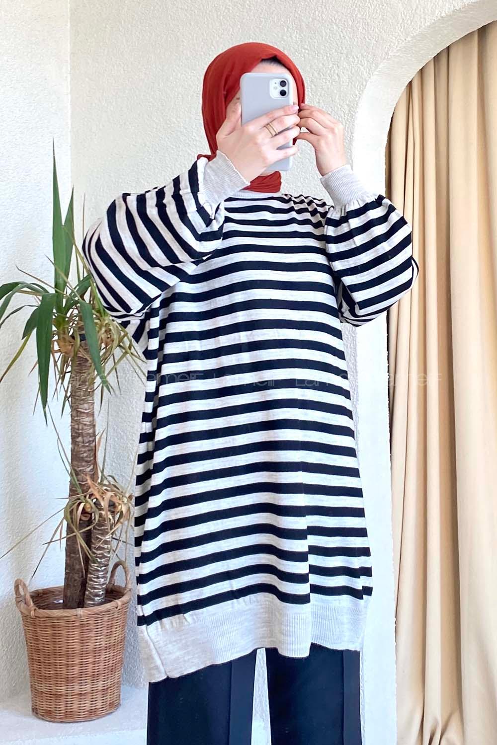 Modalamelif Çizgi Şeritli Salaş Triko Tunik Kum Beji