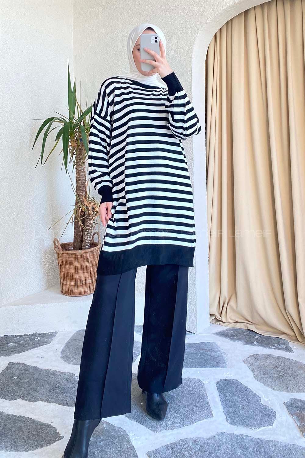 Modalamelif Çizgi Şeritli Salaş Triko Tunik Siyah