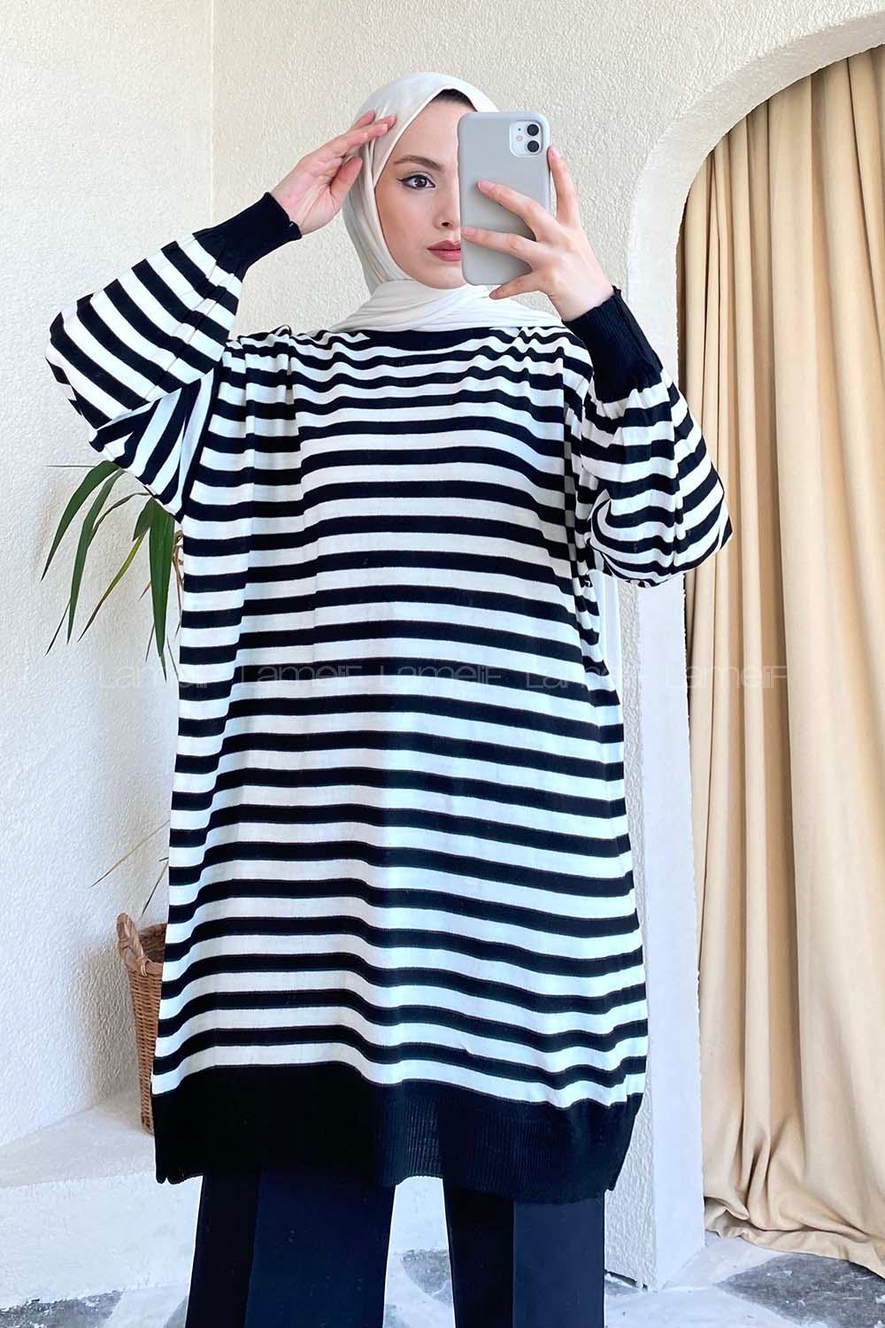 Modalamelif Çizgi Şeritli Salaş Triko Tunik Siyah