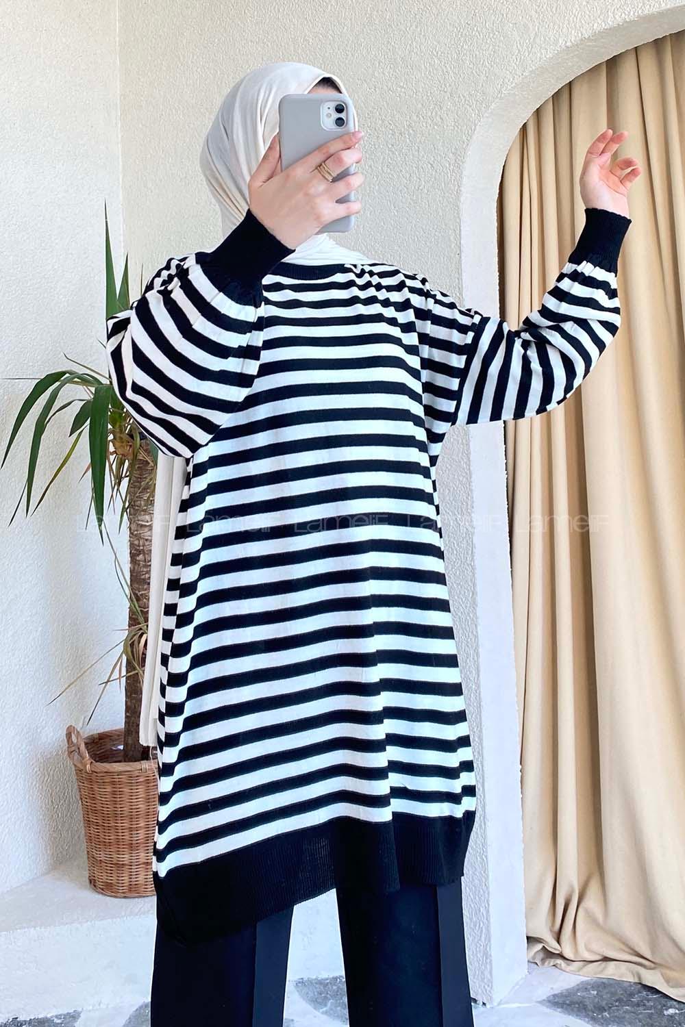 Modalamelif Çizgi Şeritli Salaş Triko Tunik Siyah