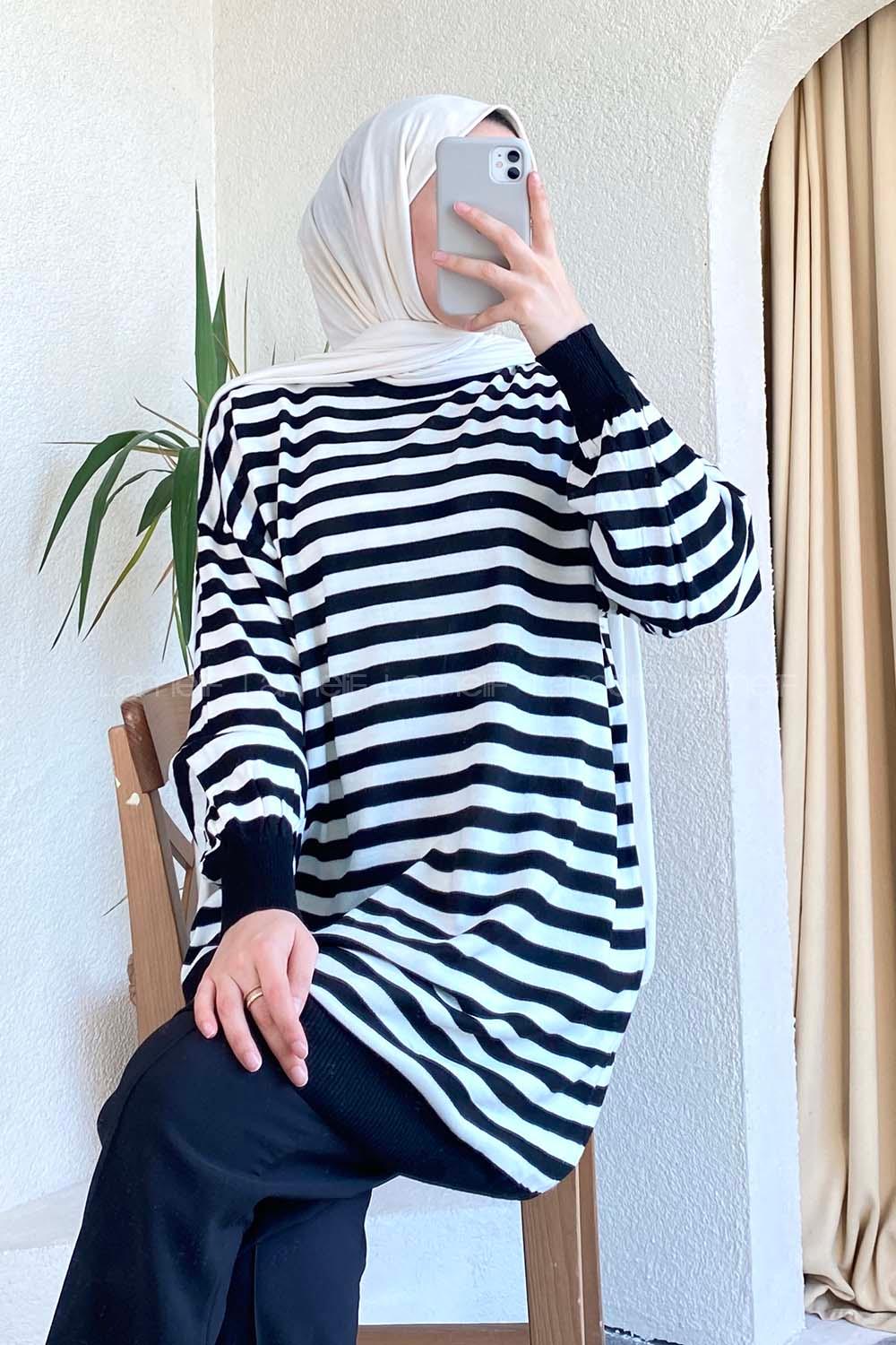 Modalamelif Çizgi Şeritli Salaş Triko Tunik Siyah