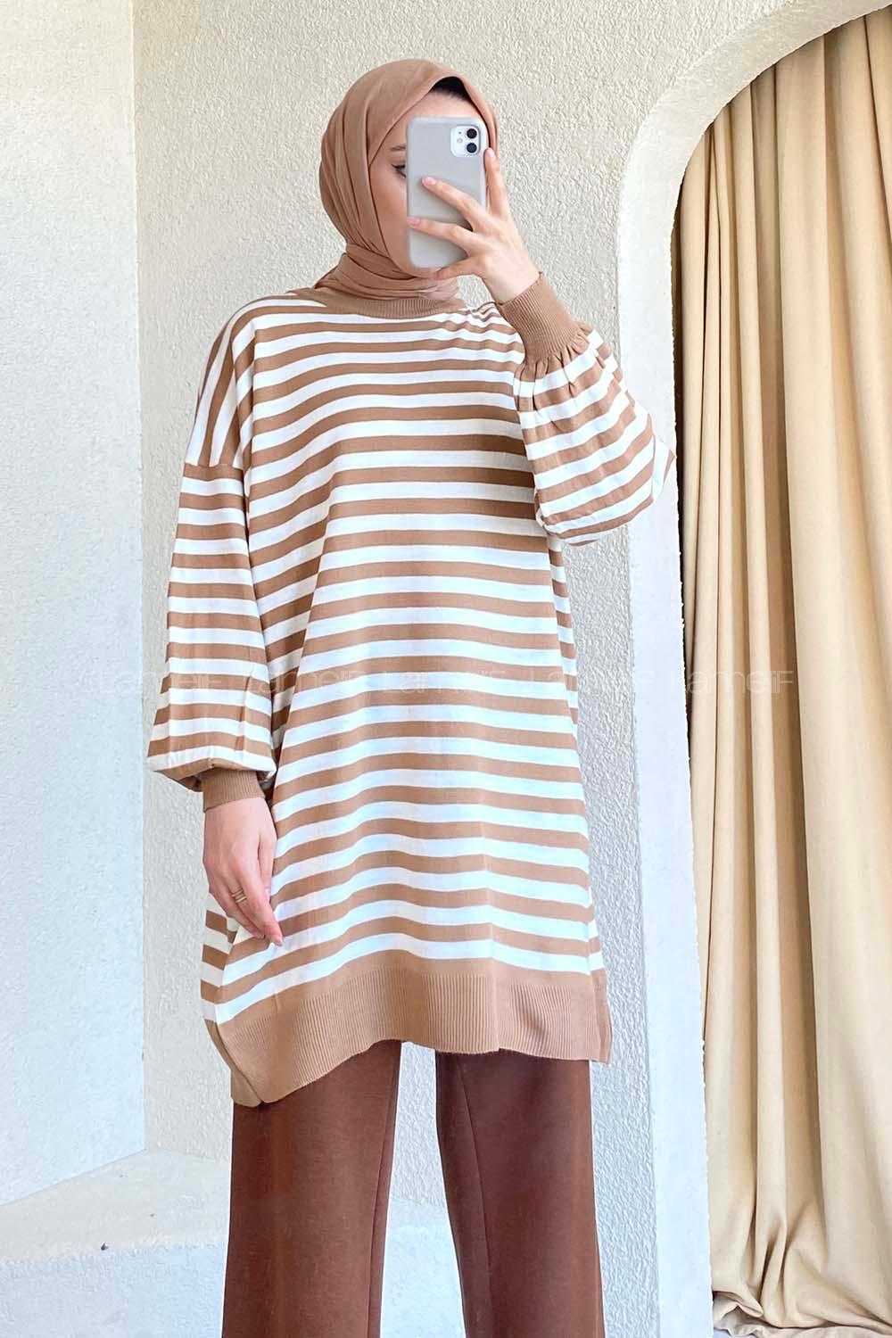 Modalamelif Çizgi Şeritli Salaş Triko Tunik Sütlükahve