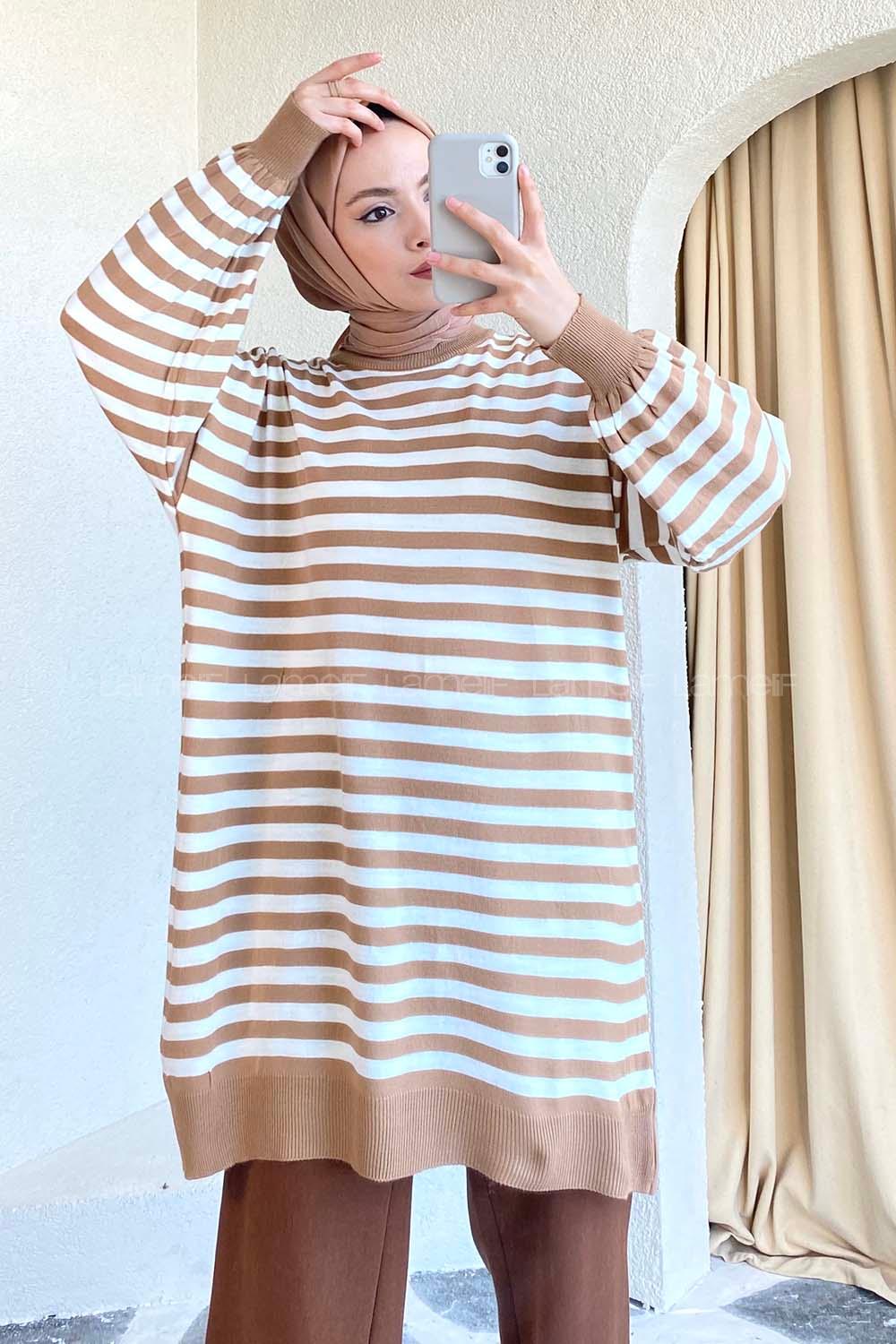 Modalamelif Çizgi Şeritli Salaş Triko Tunik Sütlükahve