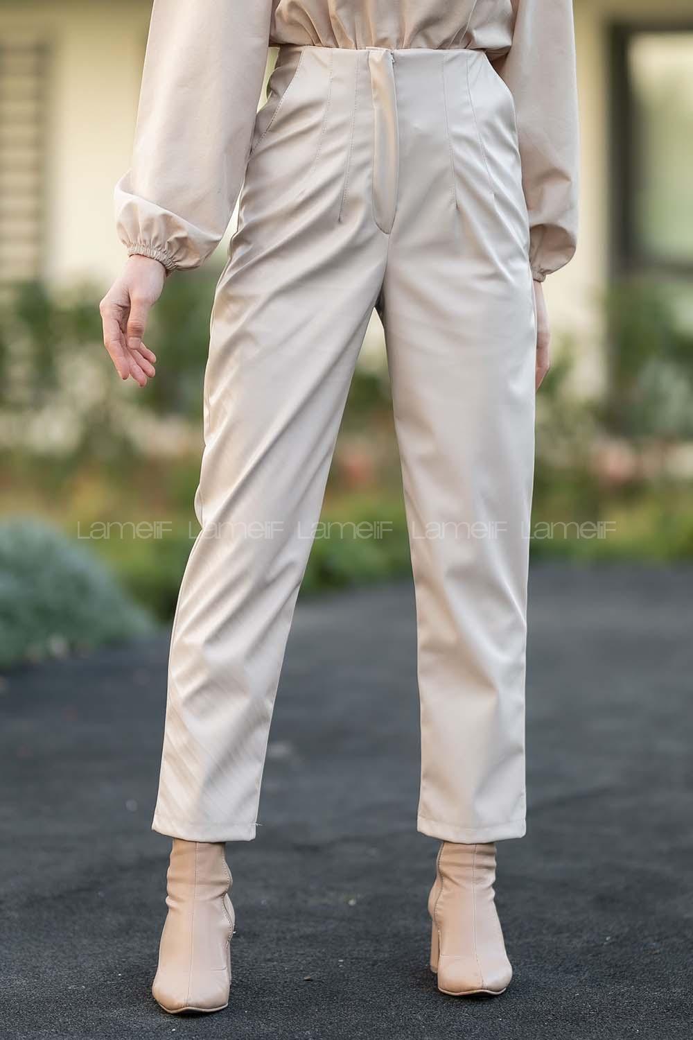 Modalamelif Deri Pensli Pantolon Krem