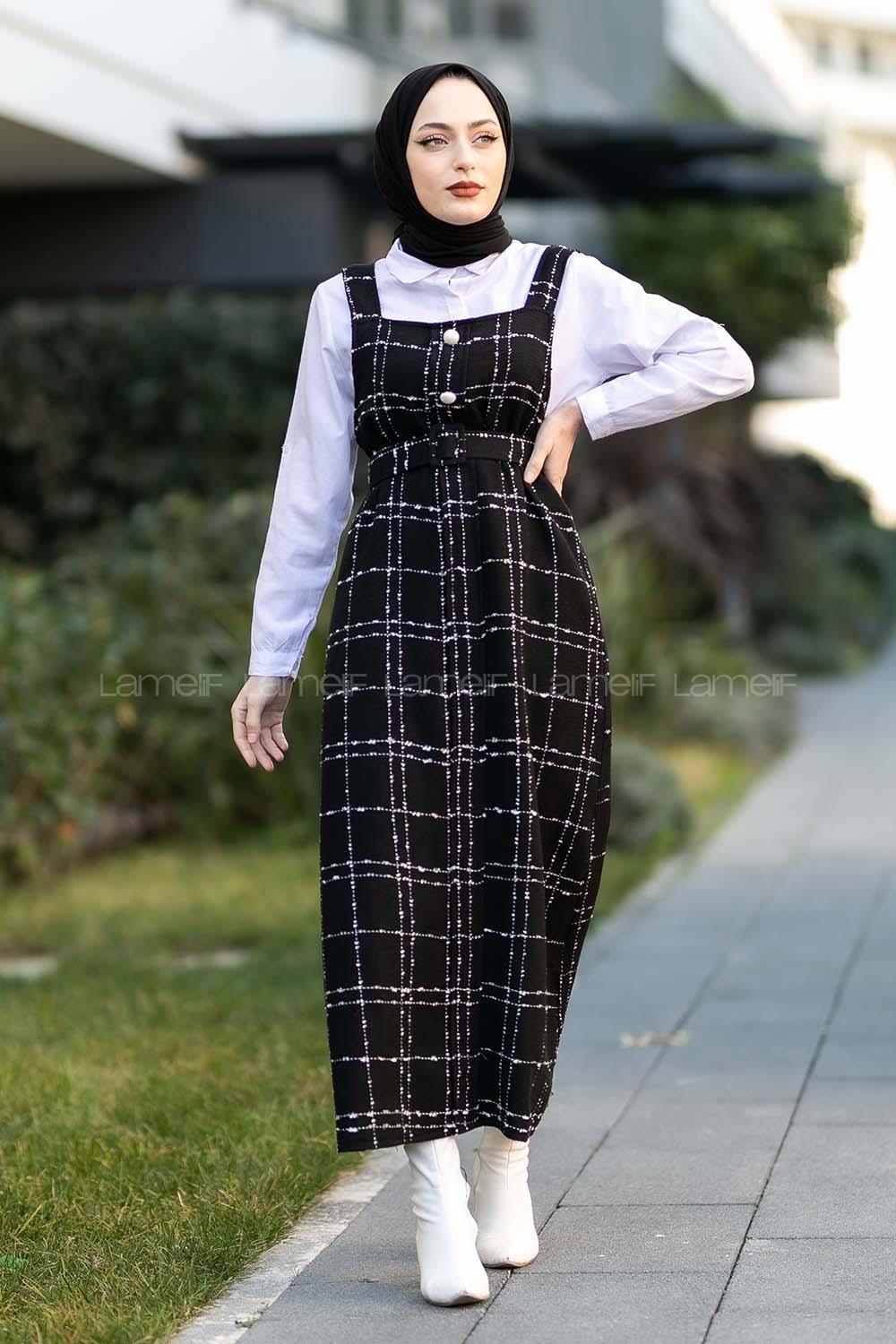 Modalamelif Ekose Desenli Düğme Detaylı Jile  Siyah