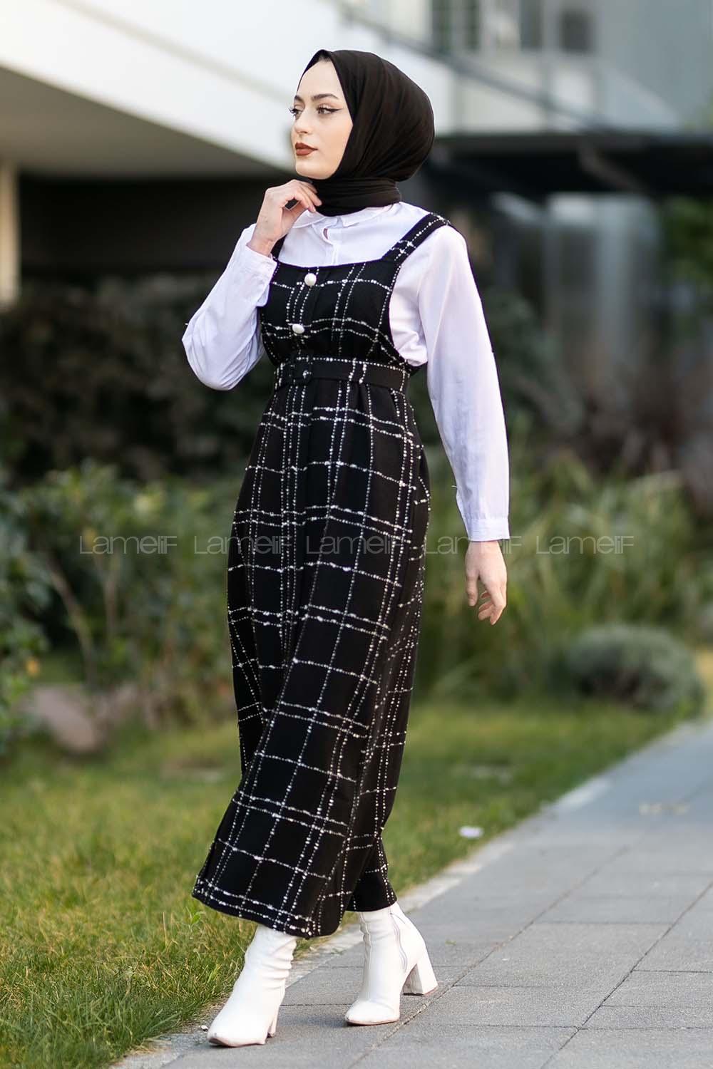 Modalamelif Ekose Desenli Düğme Detaylı Jile  Siyah