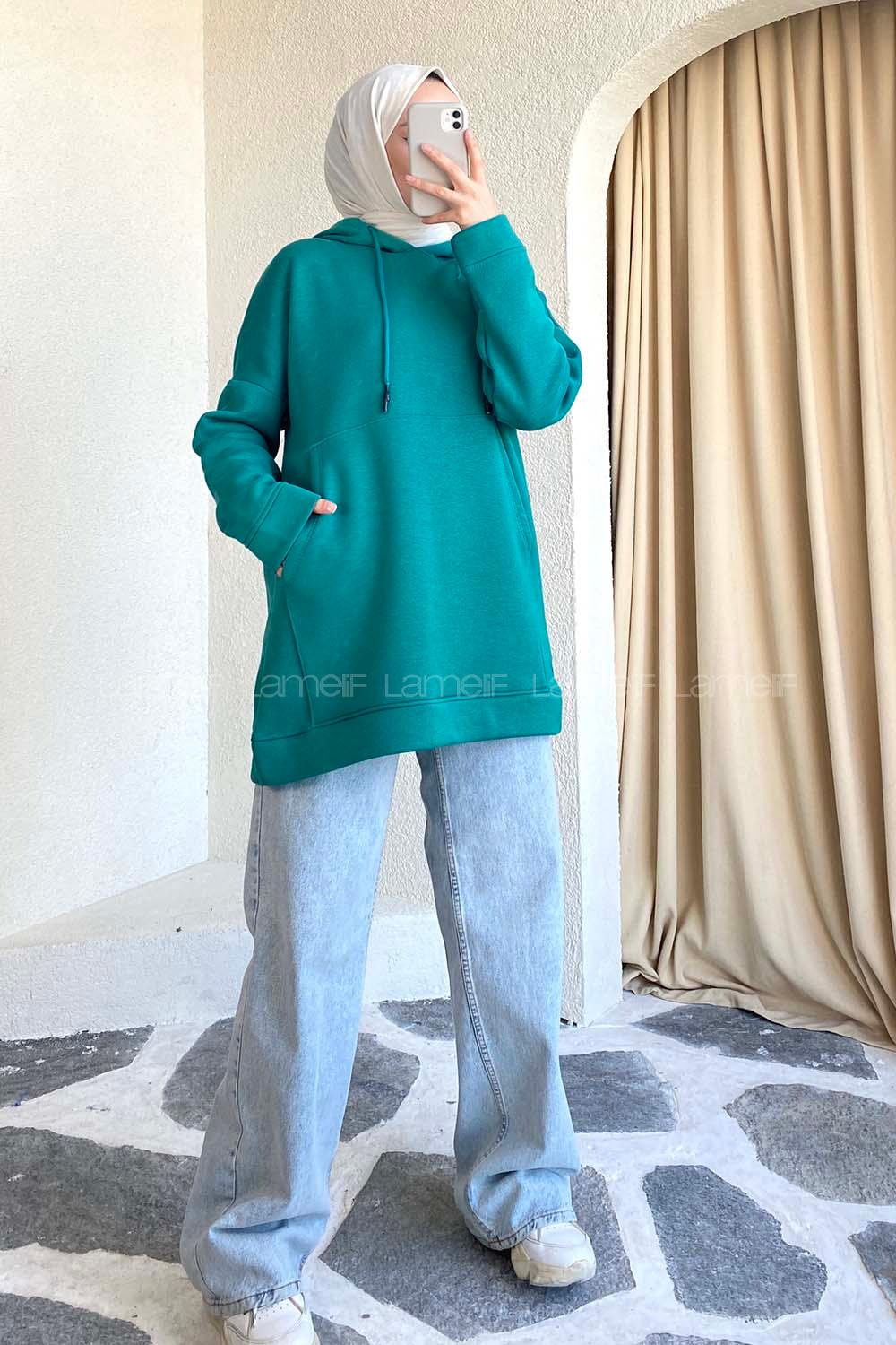 Modalamelif  Kanguru Cepli  Sweatshirt Zümrüt