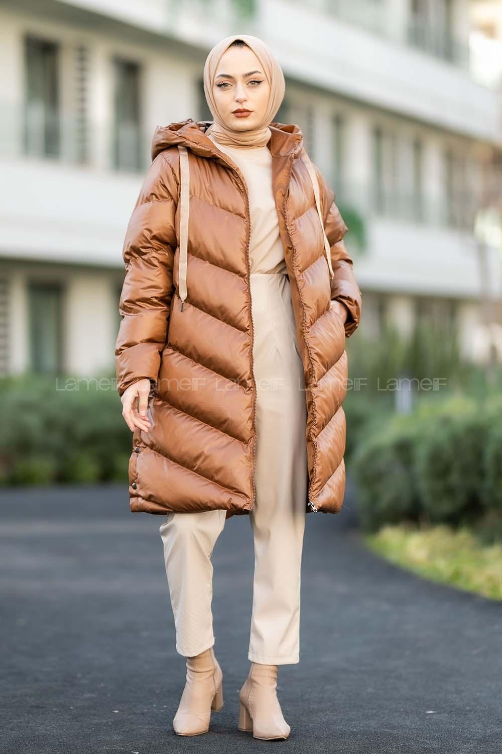 Modalamelif Kapşonlu Şişme Mont Taba