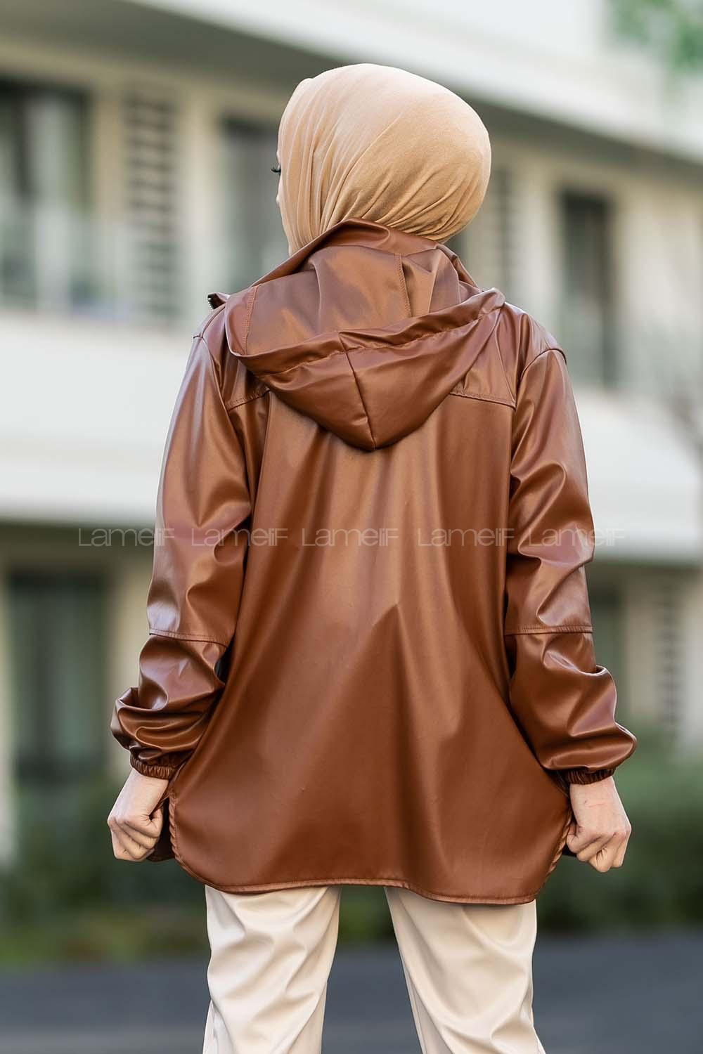 Modalamelif Kapüşonlu Yırtmaç Detaylı Deri Ceket Taba