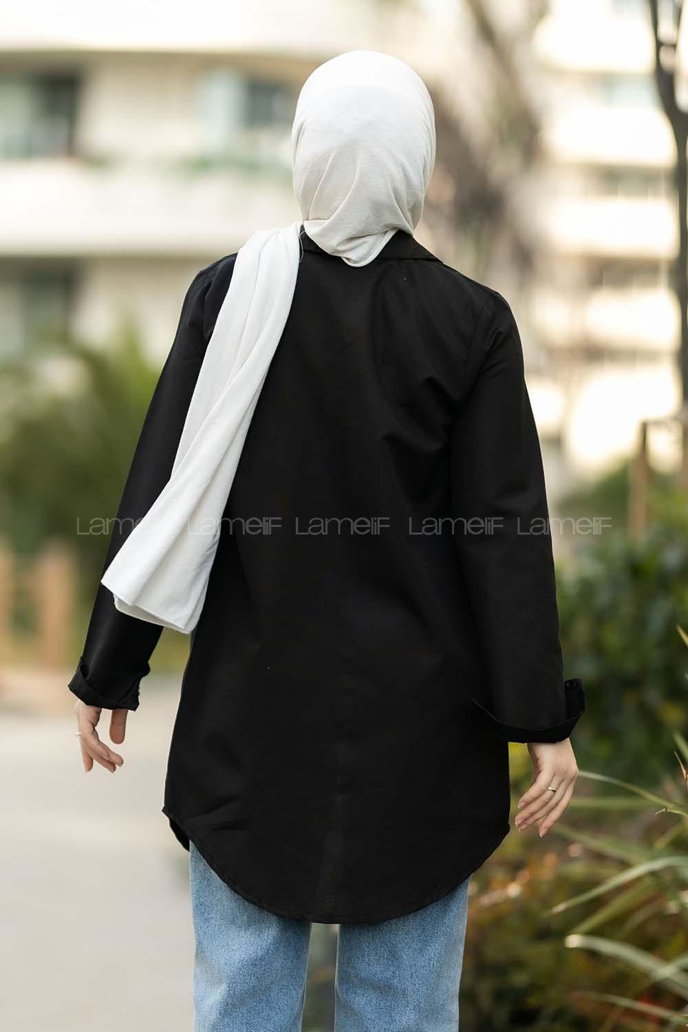 Modalamelif Önü Boydan  Düğmeli Boyfriend Gömlek Siyah