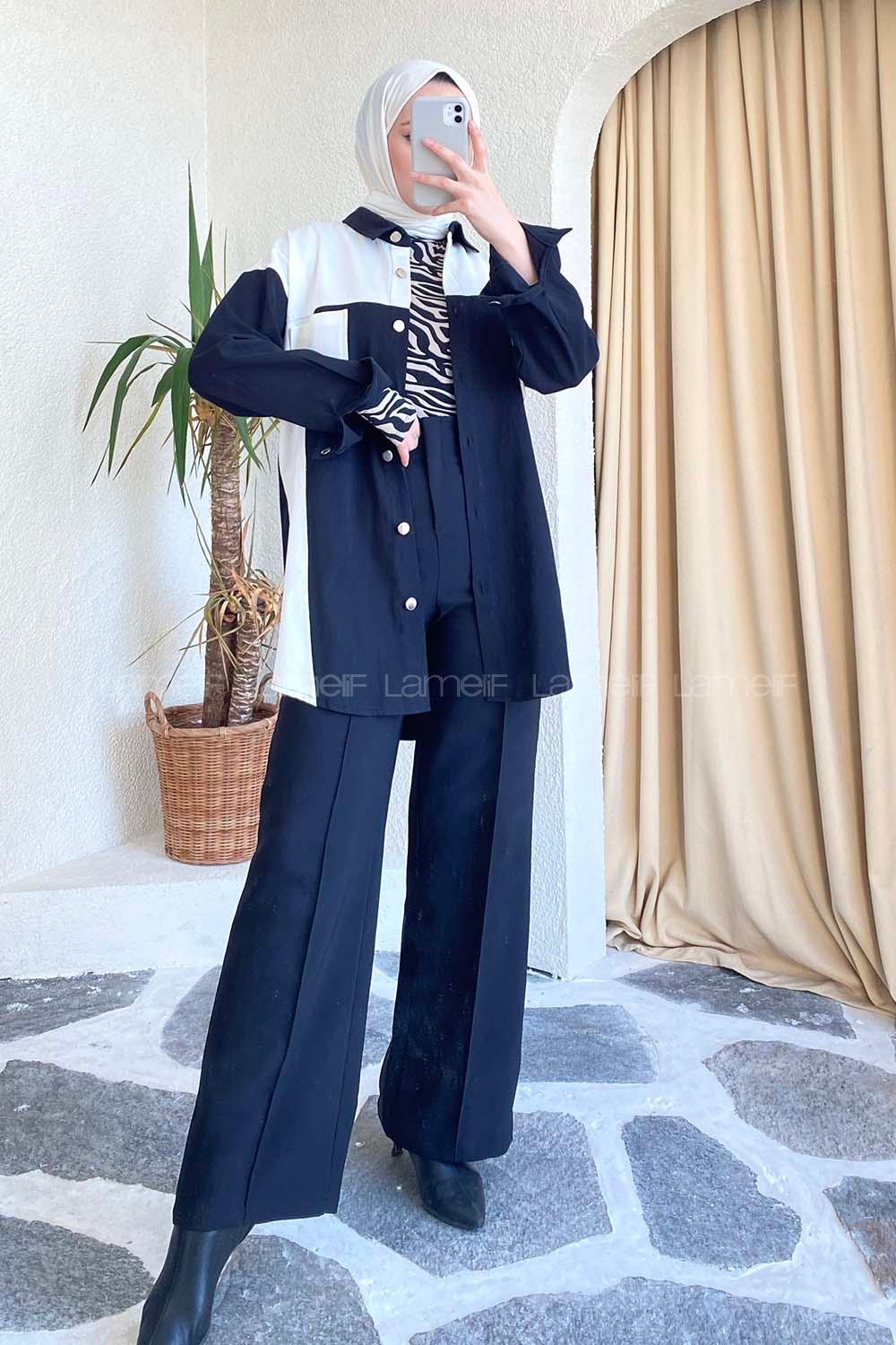 Modalamelif Önü Metal Boydan Düğmeli Garnili Gömlek Siyah