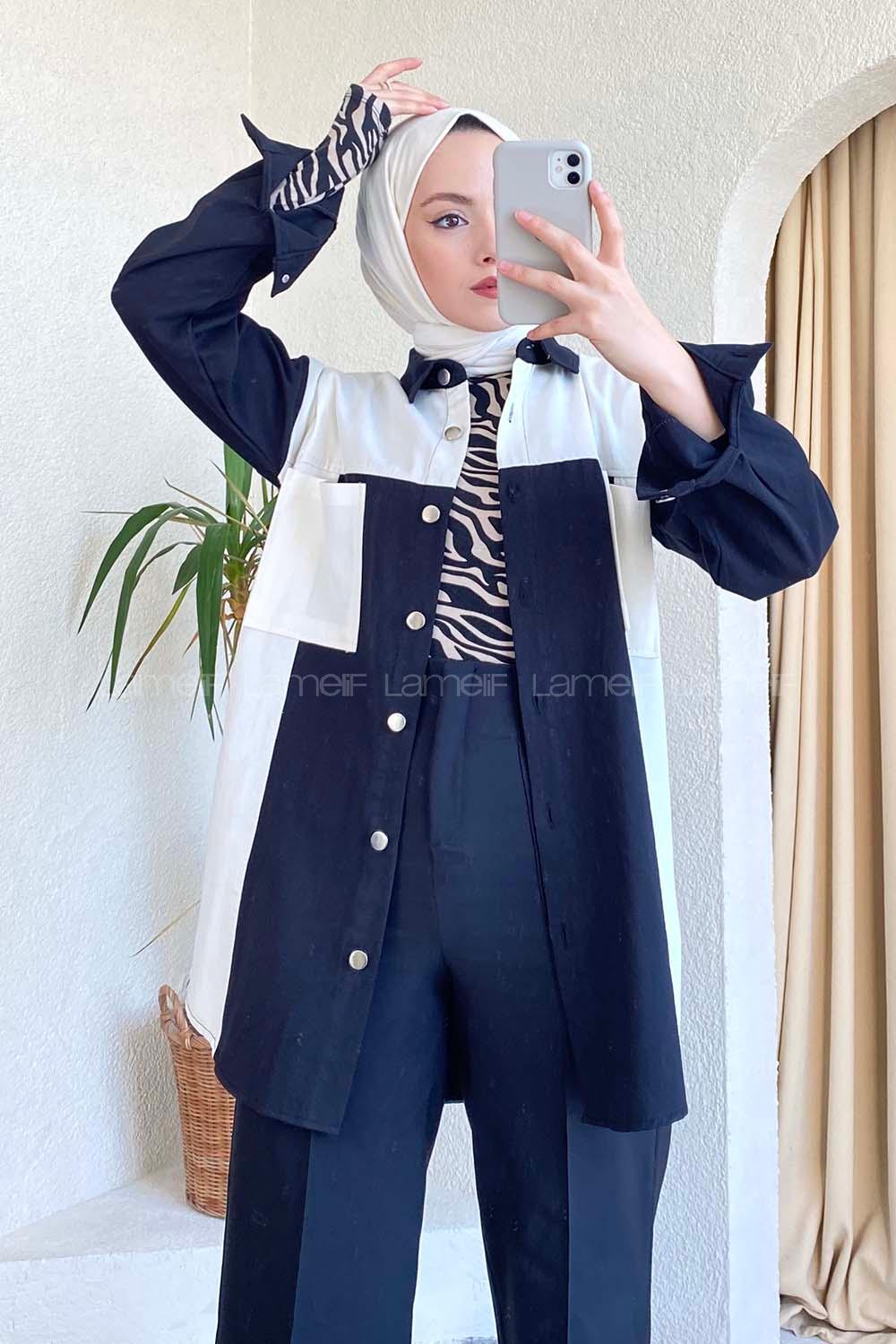 Modalamelif Önü Metal Boydan Düğmeli Garnili Gömlek Siyah