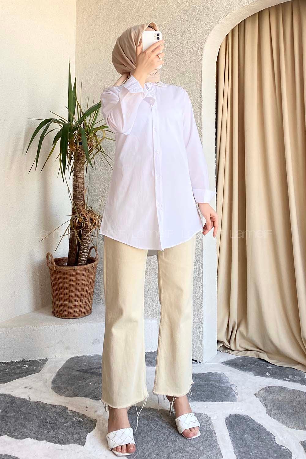 Modalamelif Yaka Taş Detaylı Oversize Gömlek Beyaz