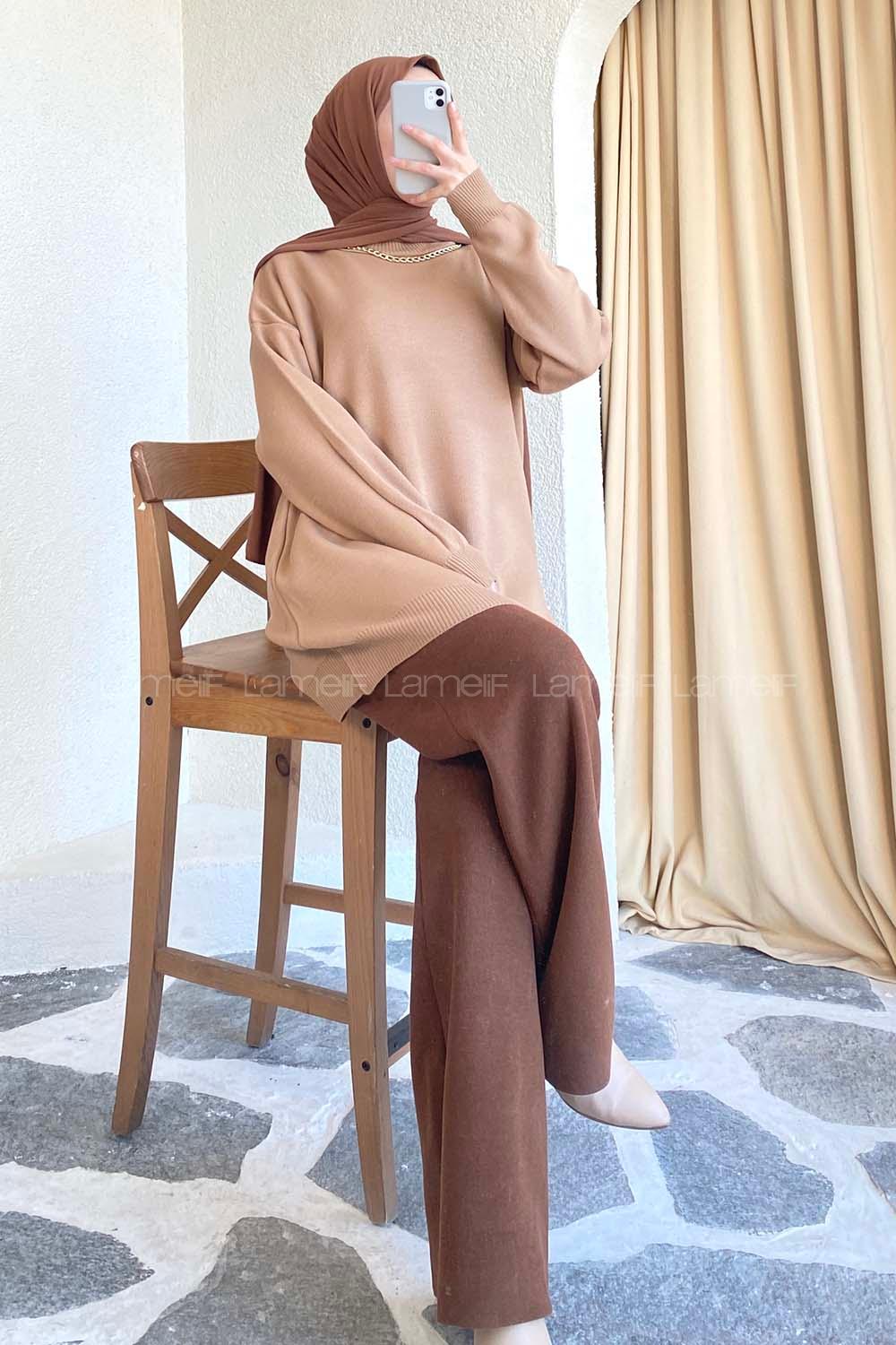 Modalamelif Zincir Kolyeli Triko Tunik Camel