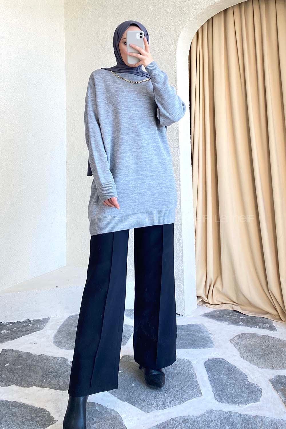 Modalamelif Zincir Kolyeli Triko Tunik Gri