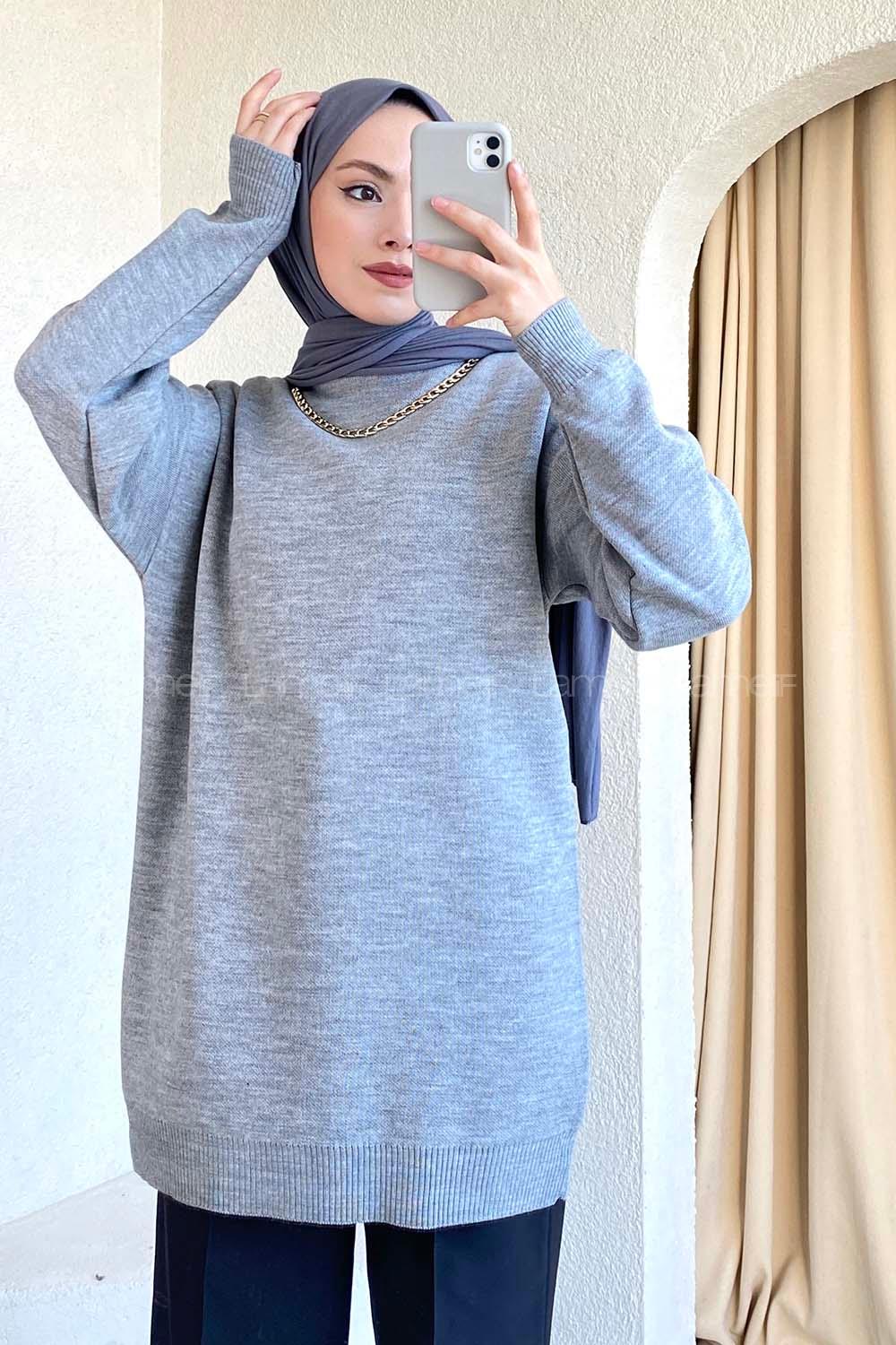 Modalamelif Zincir Kolyeli Triko Tunik Gri