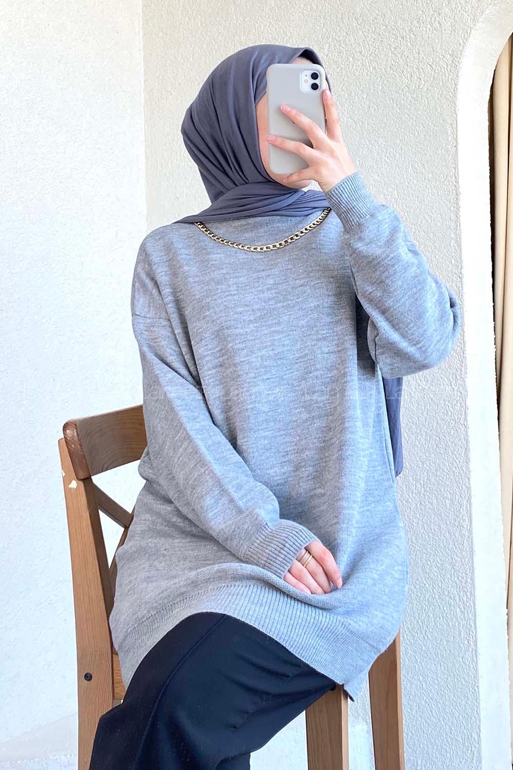 Modalamelif Zincir Kolyeli Triko Tunik Gri