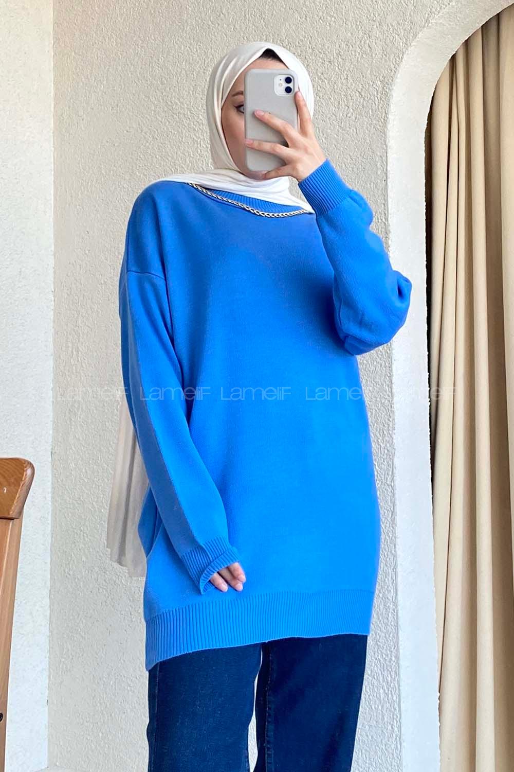 Modalamelif Zincir Kolyeli Triko Tunik Mavi