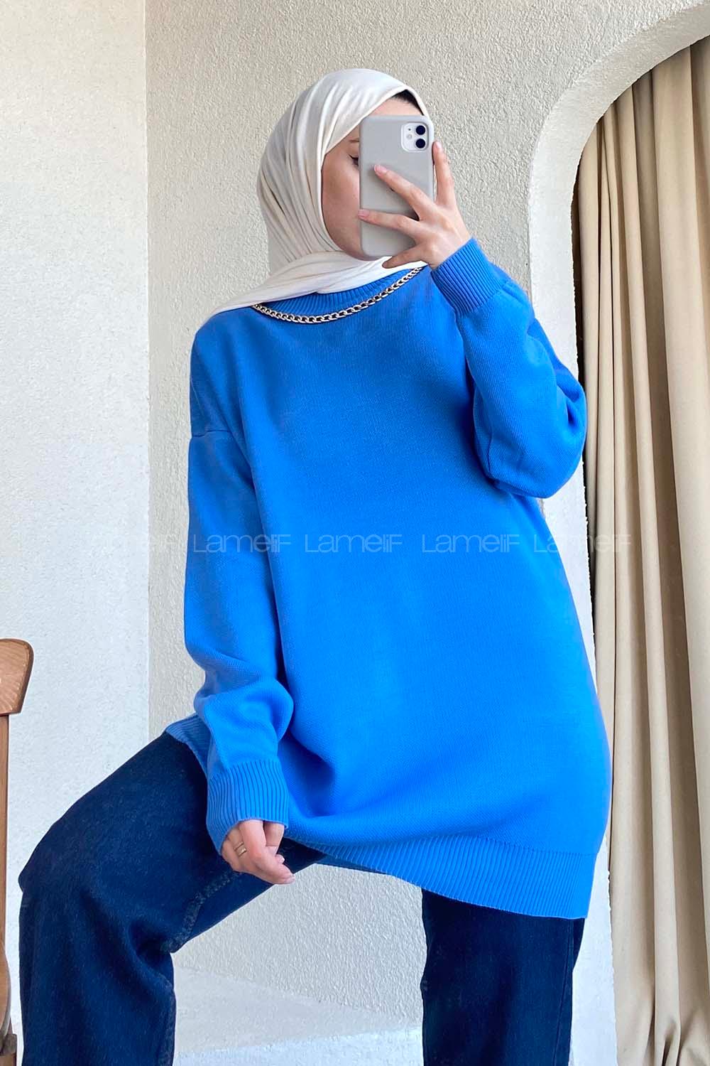 Modalamelif Zincir Kolyeli Triko Tunik Mavi