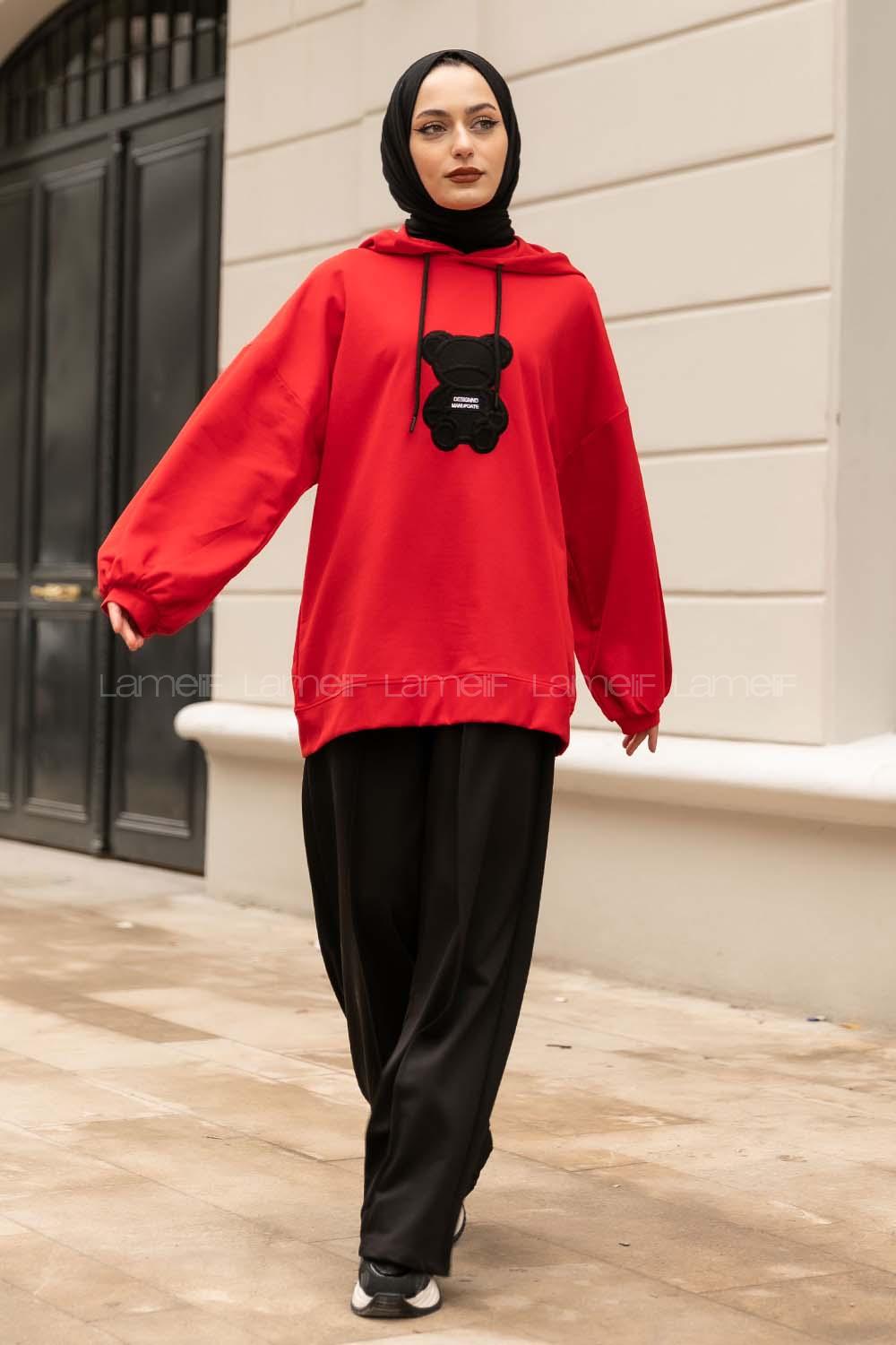 Modalamelif Bear İşlemeli Salaş Kapüşonlu Takım Kırmızı