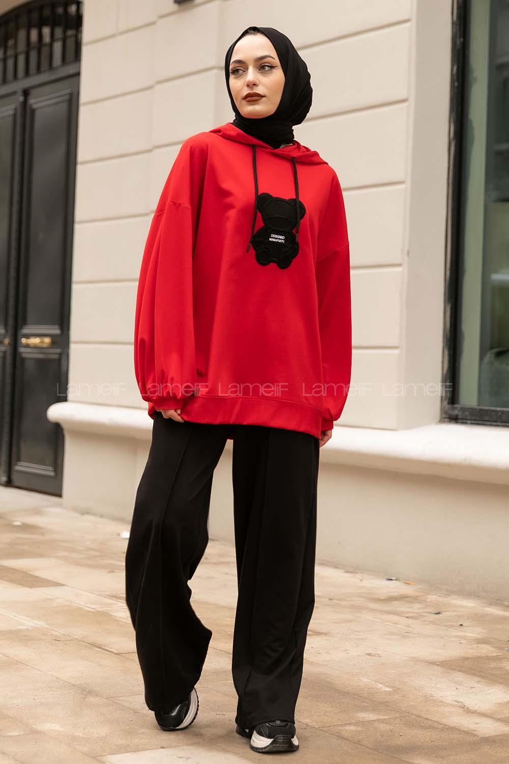 Modalamelif Bear İşlemeli Salaş Kapüşonlu Takım Kırmızı