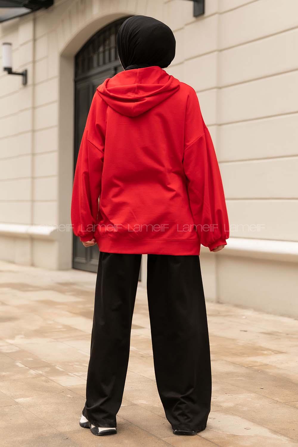 Modalamelif Bear İşlemeli Salaş Kapüşonlu Takım Kırmızı