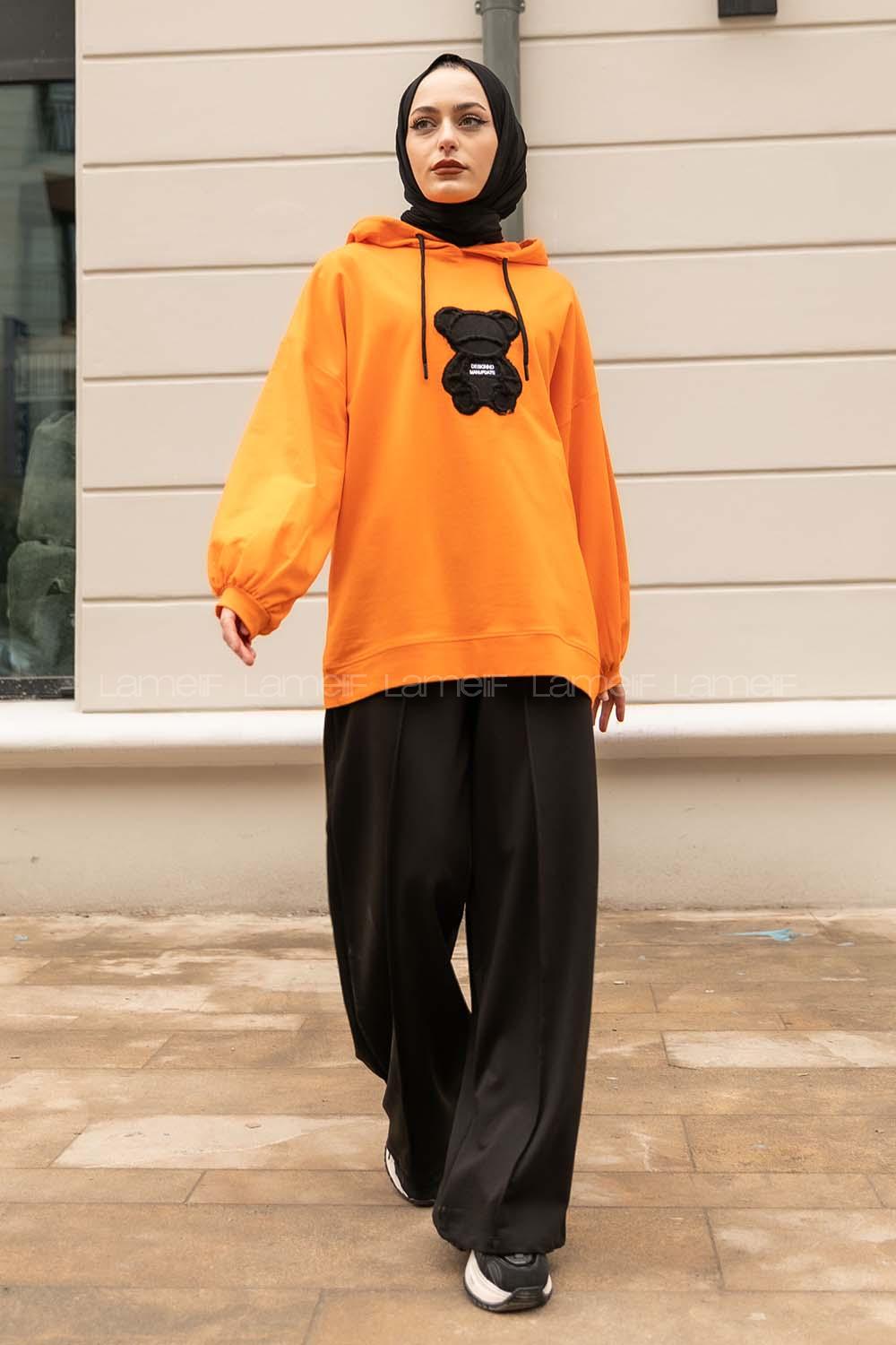 f Bear İşlemeli Salaş Kapüşonlu Takım Turuncu
