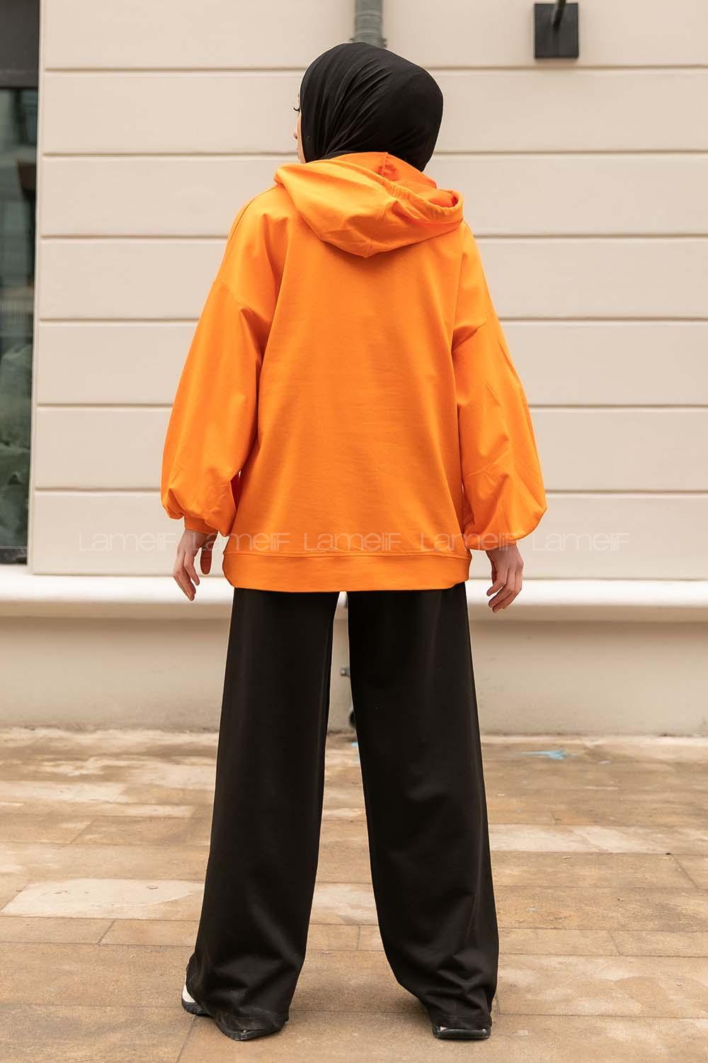 f Bear İşlemeli Salaş Kapüşonlu Takım Turuncu