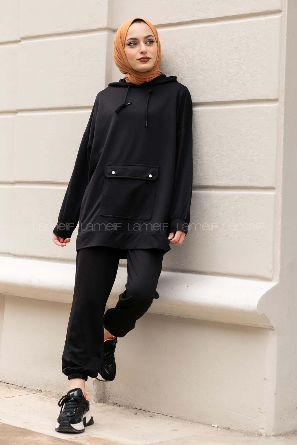 Modalamelif Cep Çıtçıtlı Kapüşonlu Takım Siyah